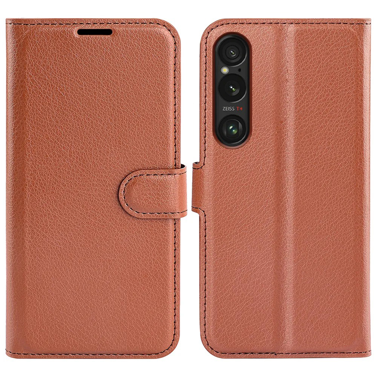 Étui de téléphone marron avec un téléphone à l'intérieur, fermé. Trois objectifs de caméra visibles.