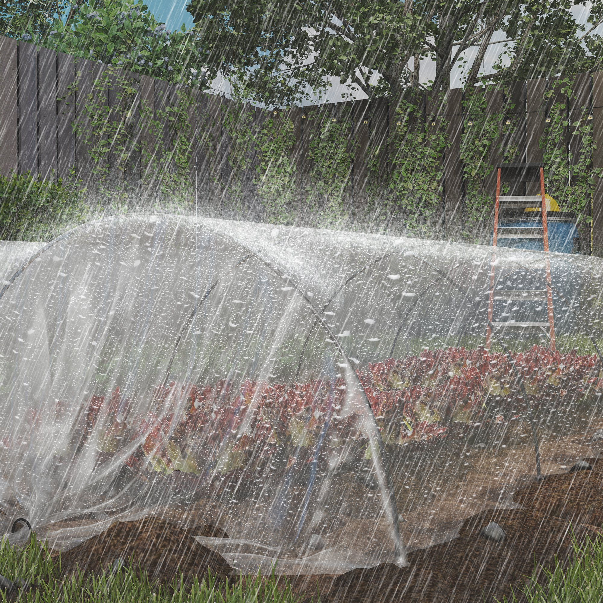 Un jardín cubierto con una lámina de plástico bajo fuerte lluvia, con verduras visibles dentro.