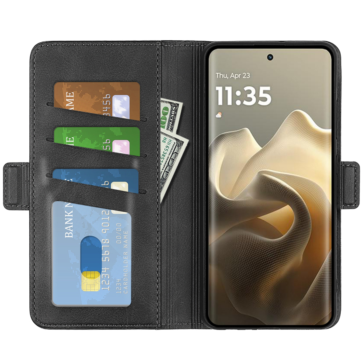 Zwarte telefoonhoes portemonnee open. Toont kaarten, geld en een smartphone met datum en tijd.