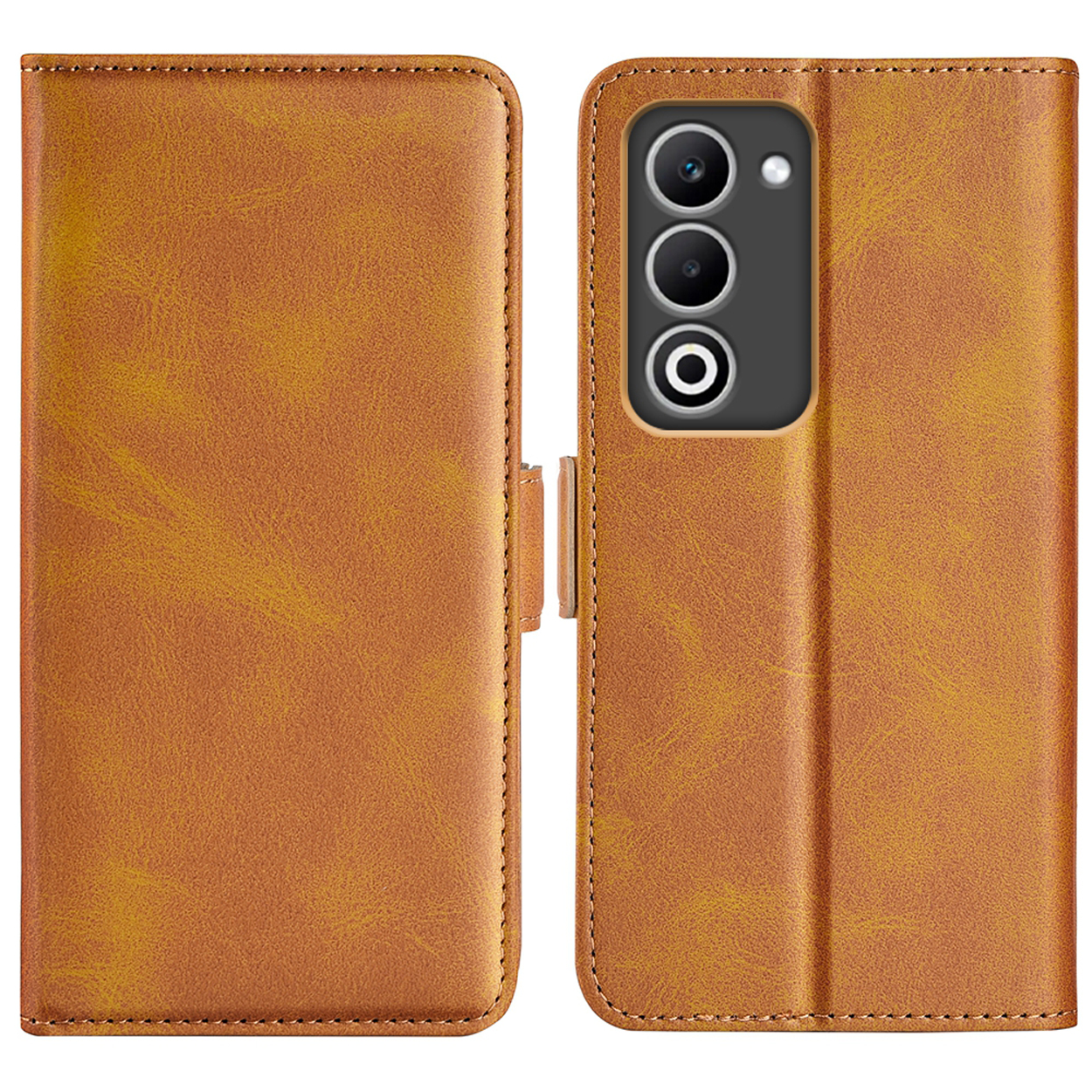 Portefeuille d'étui de téléphone marron ouvert avec cartes et argent visibles, et un téléphone.