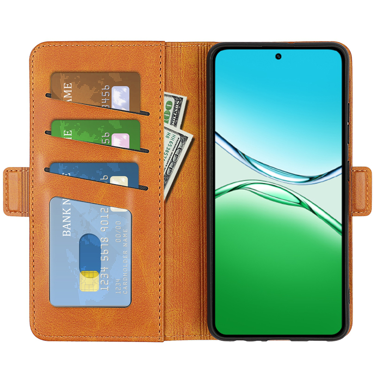 Portefeuille d'étui de téléphone marron ouvert avec cartes, argent et un téléphone avec un écran vert.