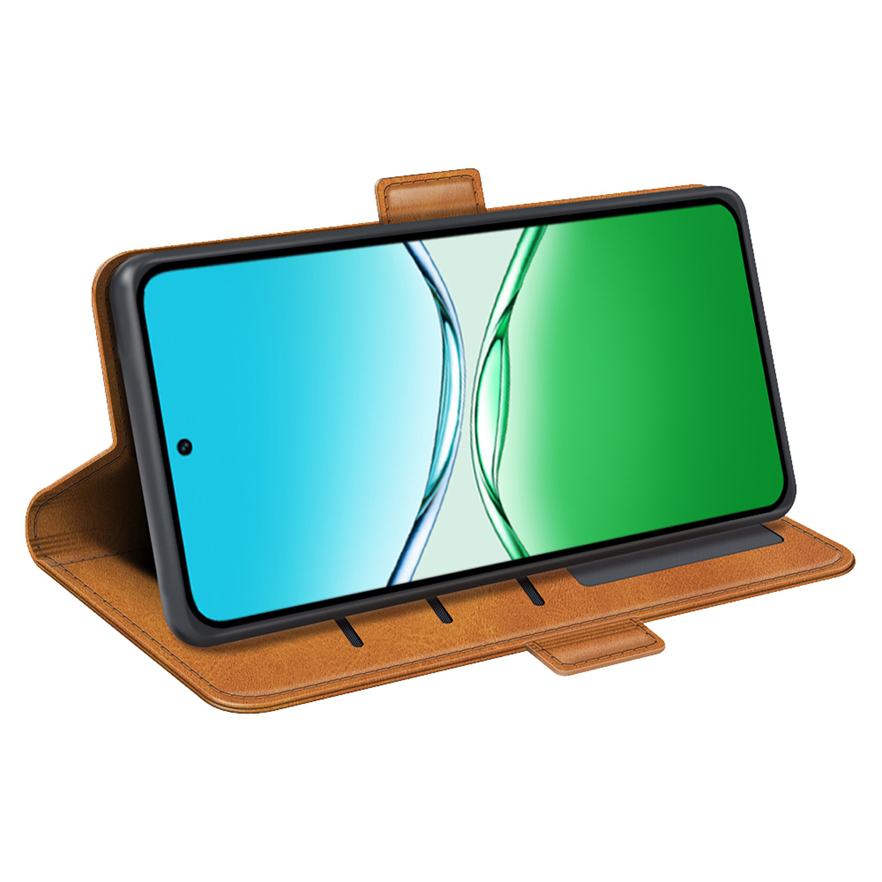 Un étui de téléphone marron ouvert, affichant un téléphone avec un écran bleu et vert, sur fond blanc.