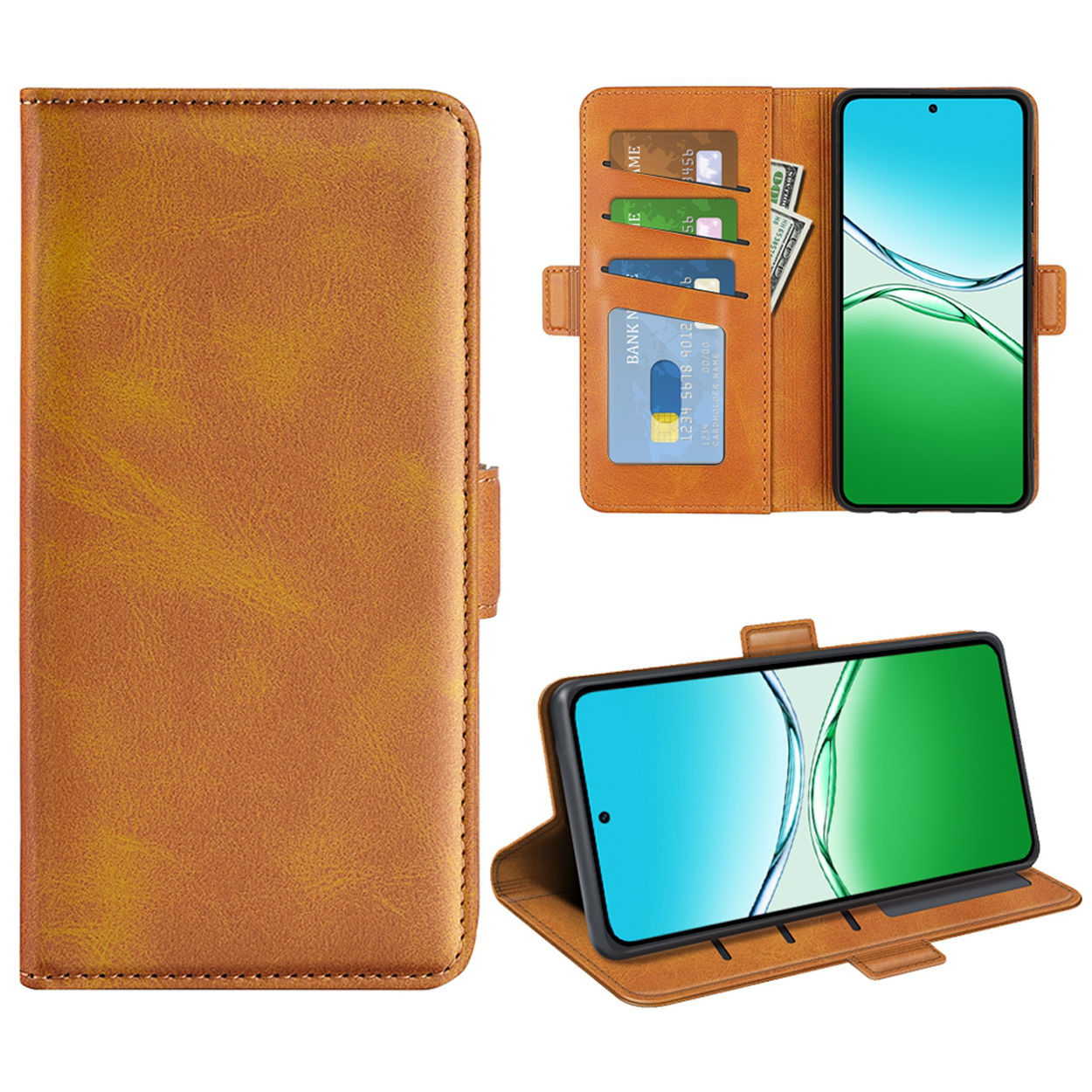 Trois images d'un étui de téléphone marron, ouvert, affichant un téléphone avec des cartes et de l'argent, sur fond blanc.
