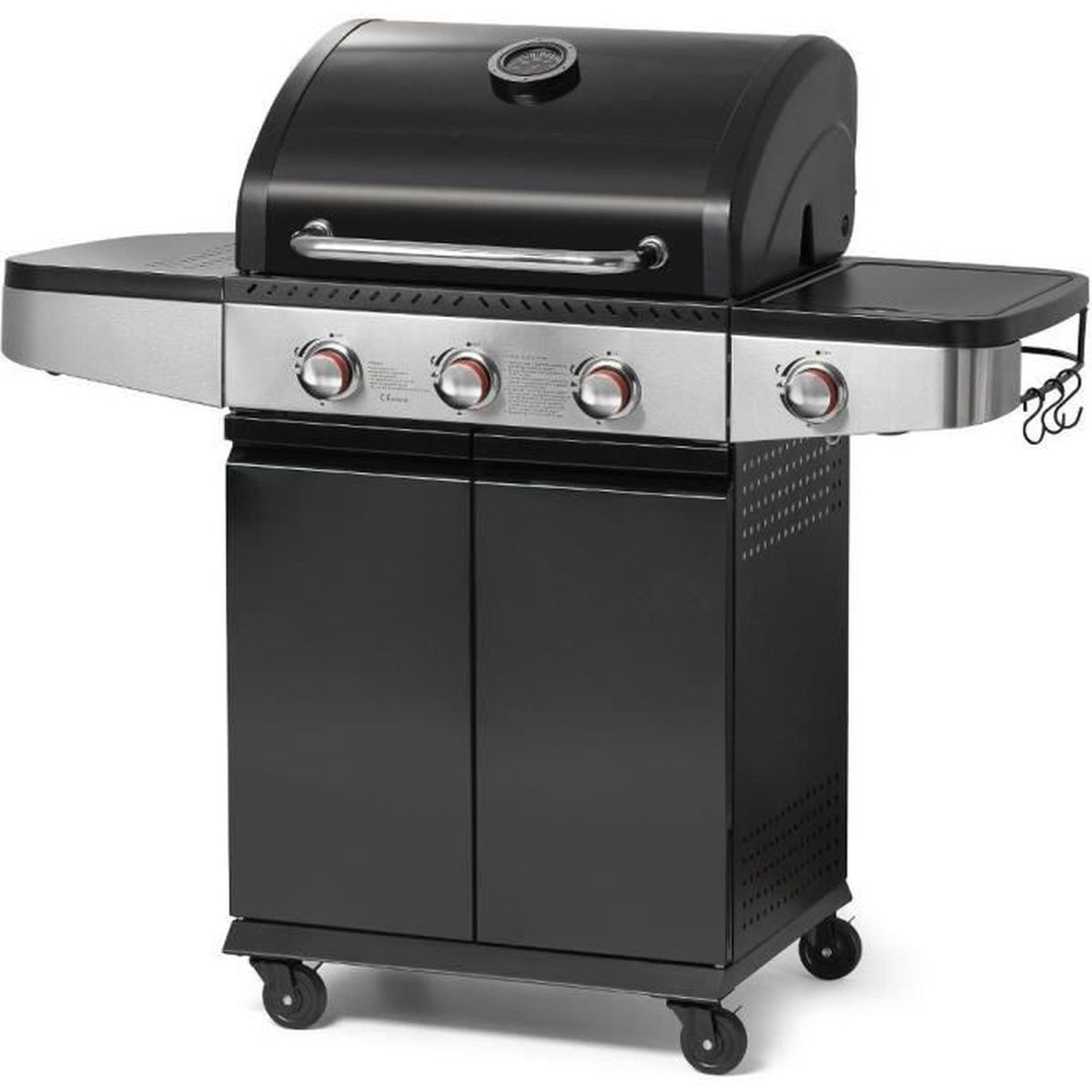 Schwarzer und silberner Außengrill, vier Brenner mit Deckel, auf einem rollbaren Wagen.