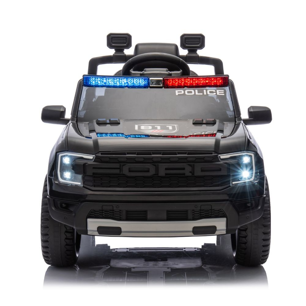Vorderansicht eines schwarzen Spielzeug-Polizeiautos mit blinkenden blauen und roten Lichtern, Ford Raptor.