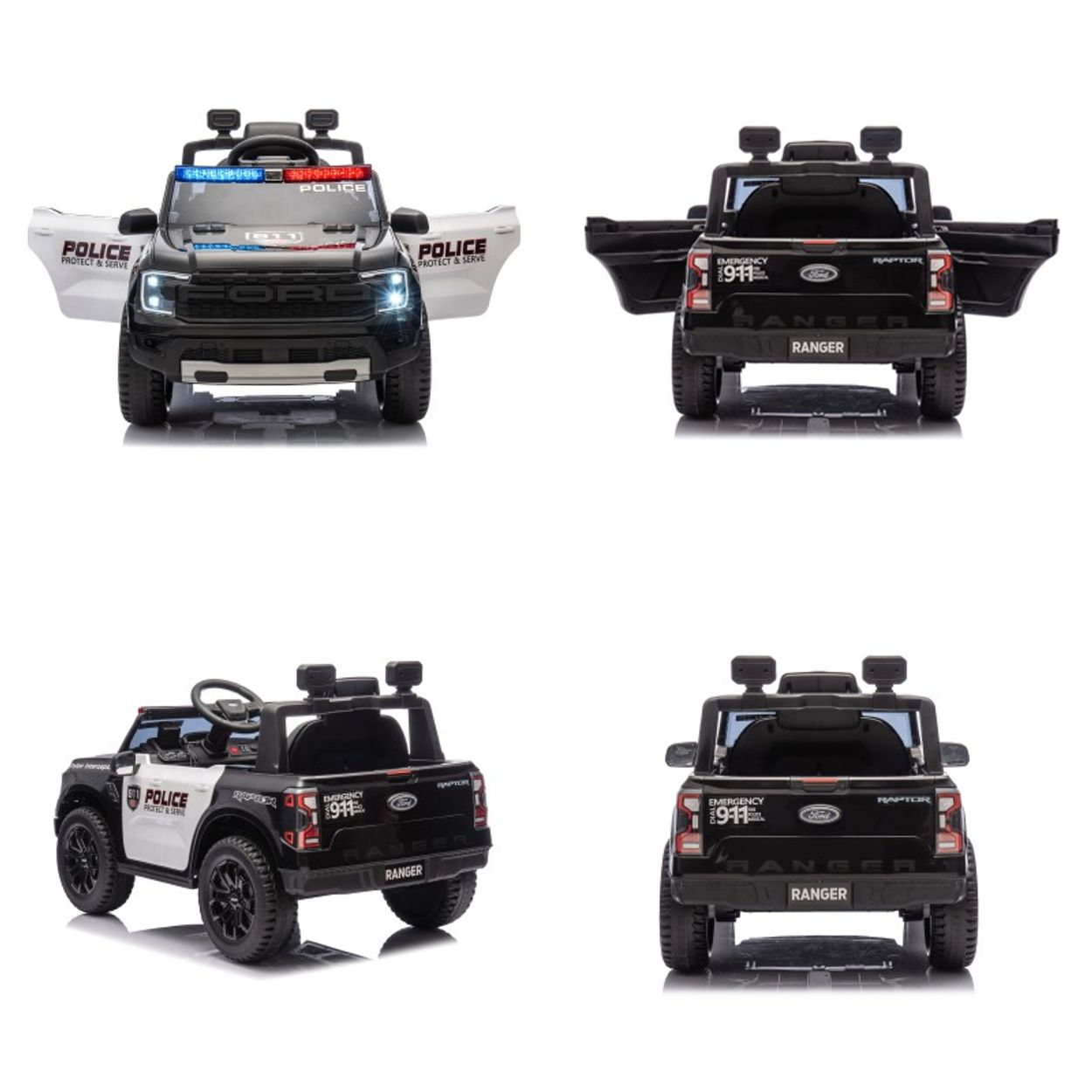 Vier Ansichten eines schwarz-weißen Spielzeug-Polizeiautos im Ford Raptor-Stil, verschiedene Winkel zeigend.
