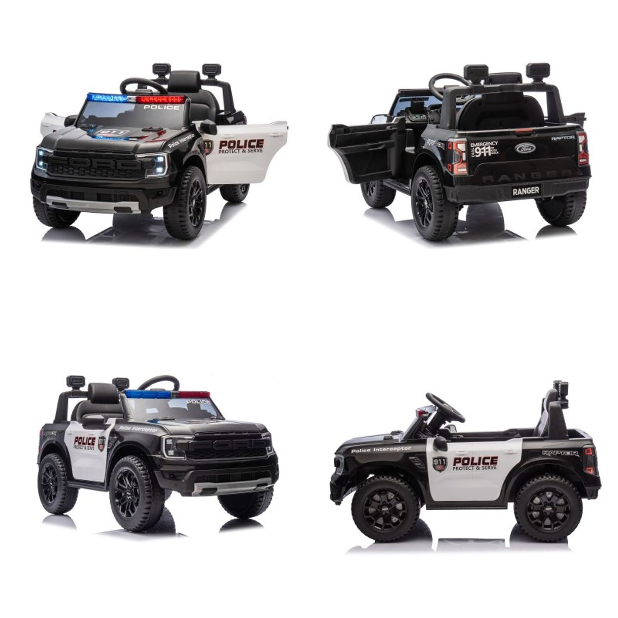 Vier Bilder eines schwarz-weißen Spielzeug-Polizeiautos im Ford Raptor-Stil, verschiedene Winkel zeigend.