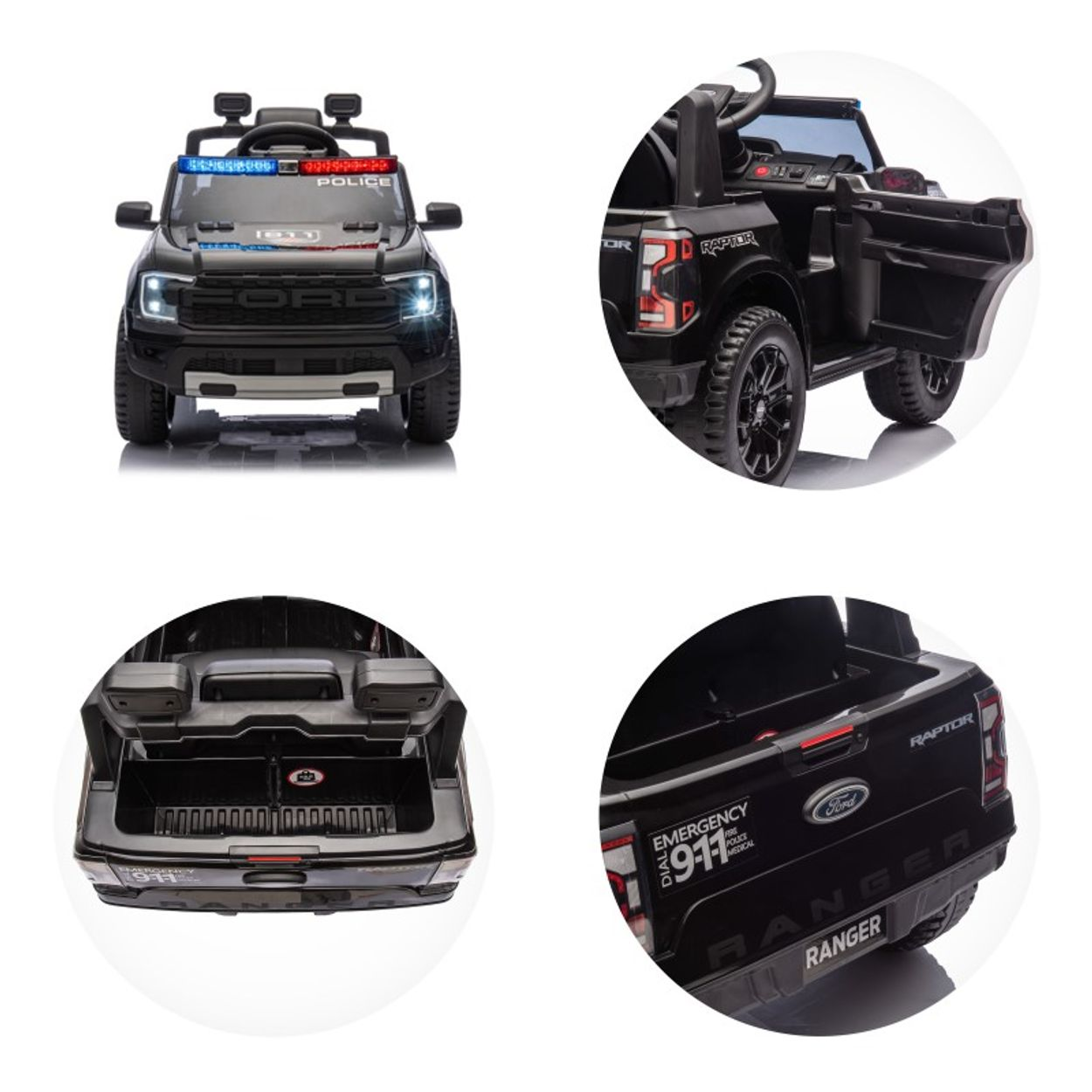Vier Bilder eines schwarzen Spielzeug-Polizeiautos im Ford Raptor-Stil, Details wie Lichter und offener Kofferraum.