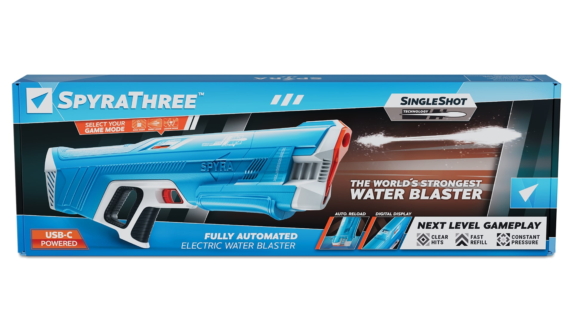 Ein Wasserwerfer mit Text auf der Box. Die Box ist blau und weiß und trägt den Schriftzug 'SpyraThree'.