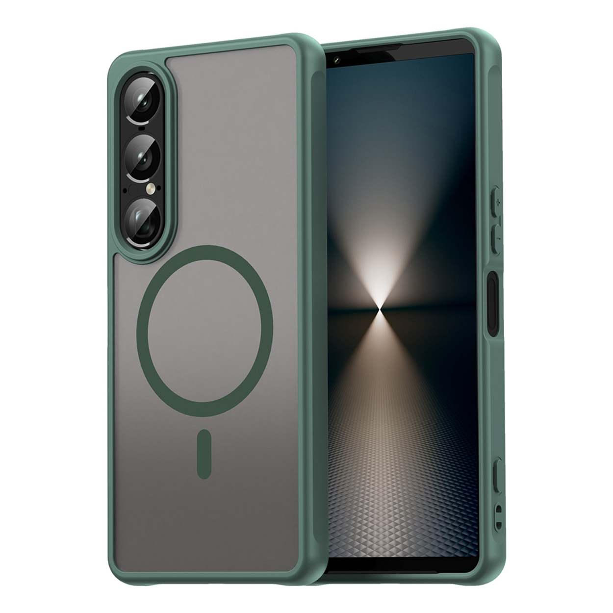 Een groene telefoonhoes die een telefoon met meerdere camera's beschermt.