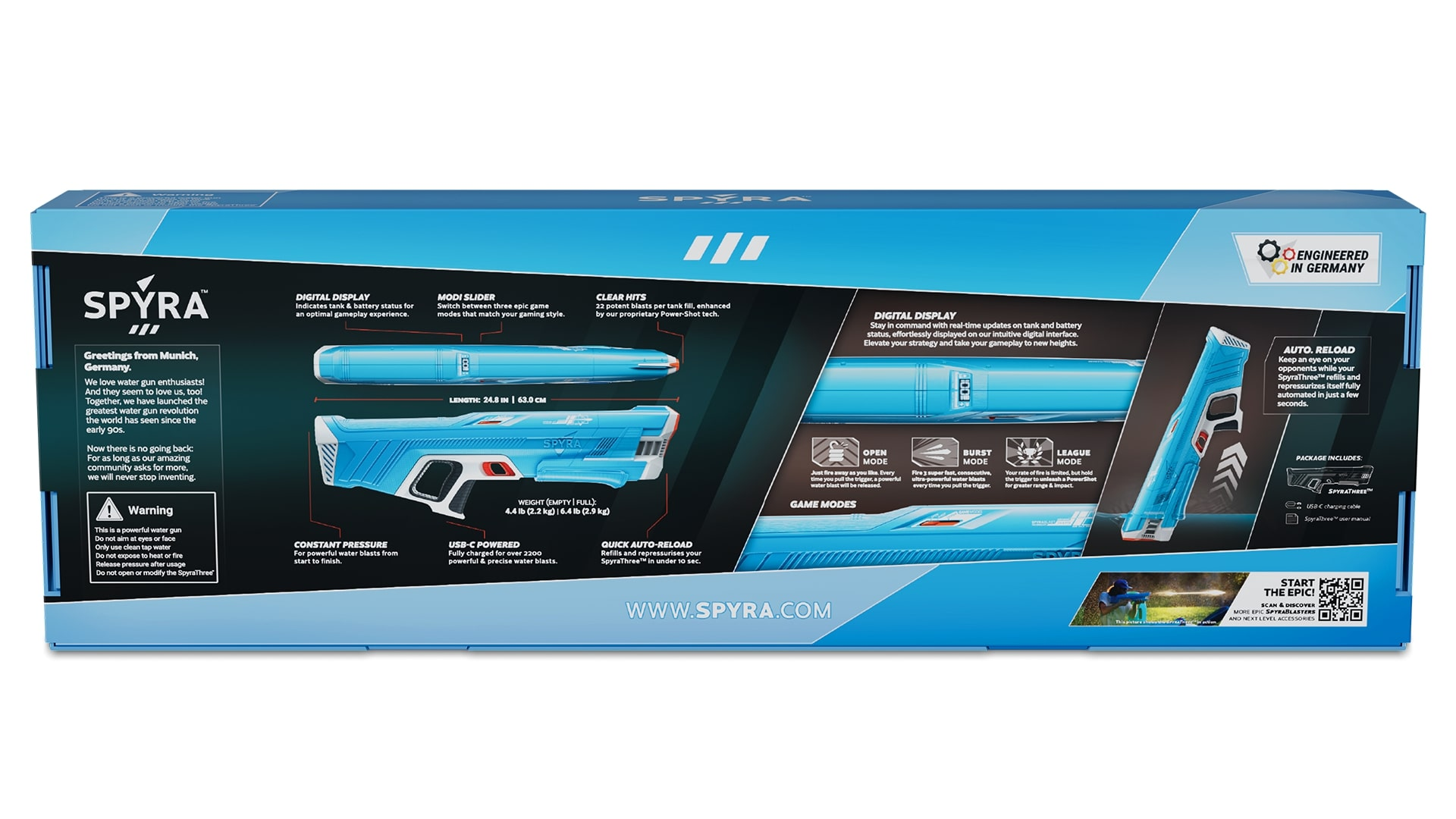 Blaue und weiße Wasserpistolenbox mit Produktdetails und -merkmalen.