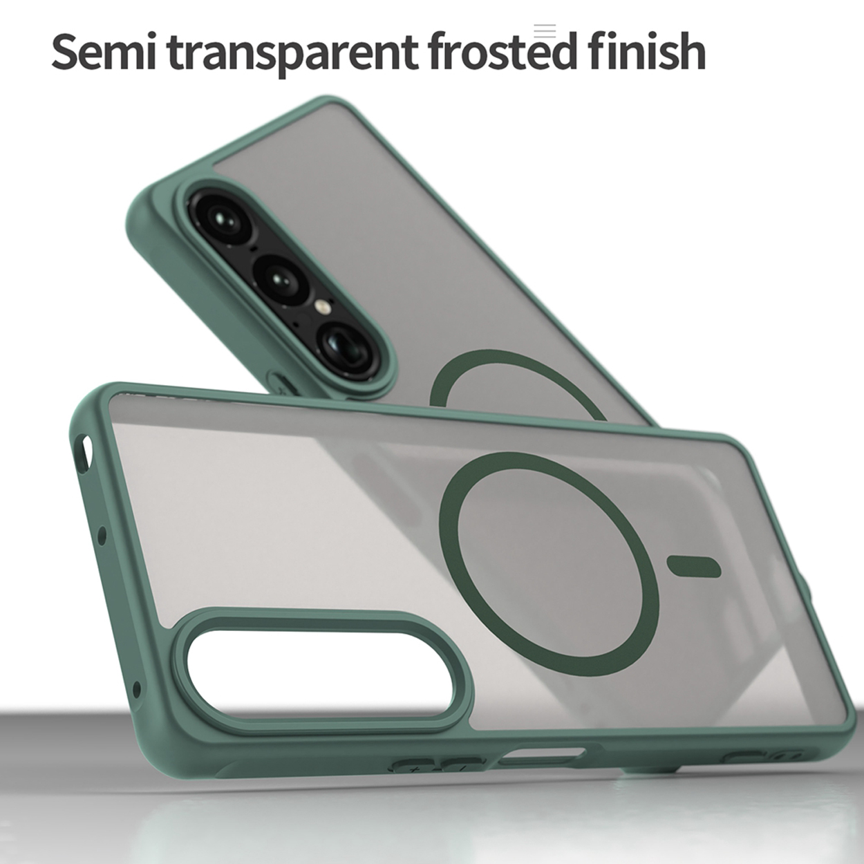 Twee groene telefoonhoesjes gestapeld. De ene ligt bovenop de andere en toont een semi-transparante matte afwerking.