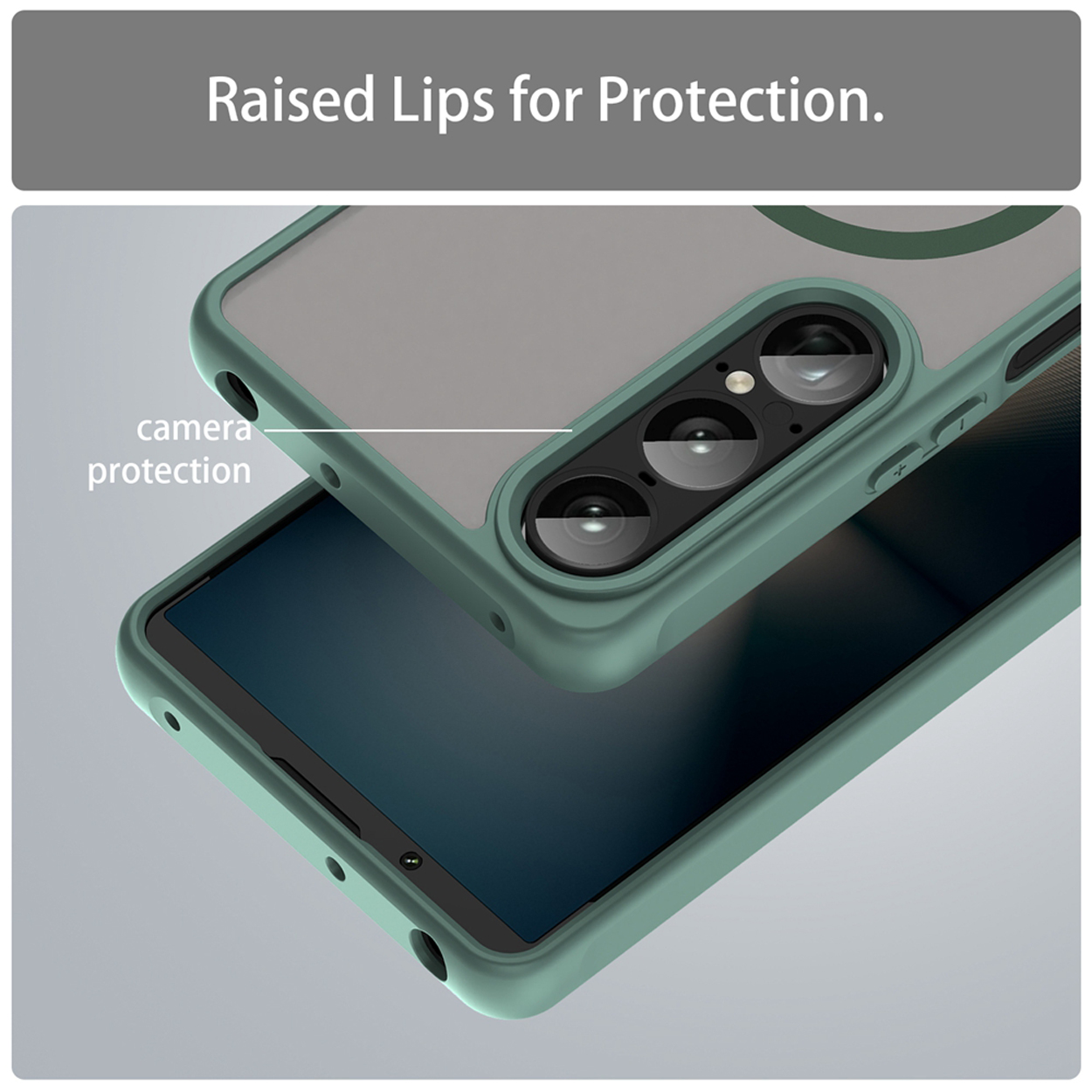 Twee groene telefoonhoesjes. De ene ligt bovenop de andere en toont camerabescherming en ontwerpdetails.