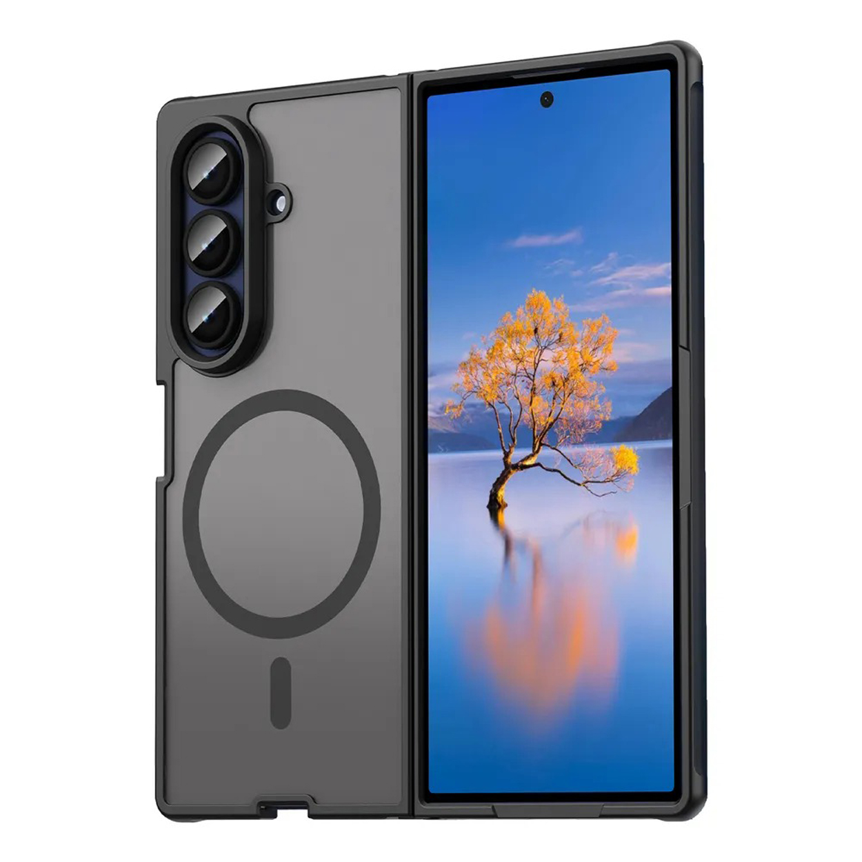 Een telefoonhoesje. Het is donkergrijs van kleur en lijkt opgevouwen. Er staat een boom op het scherm.