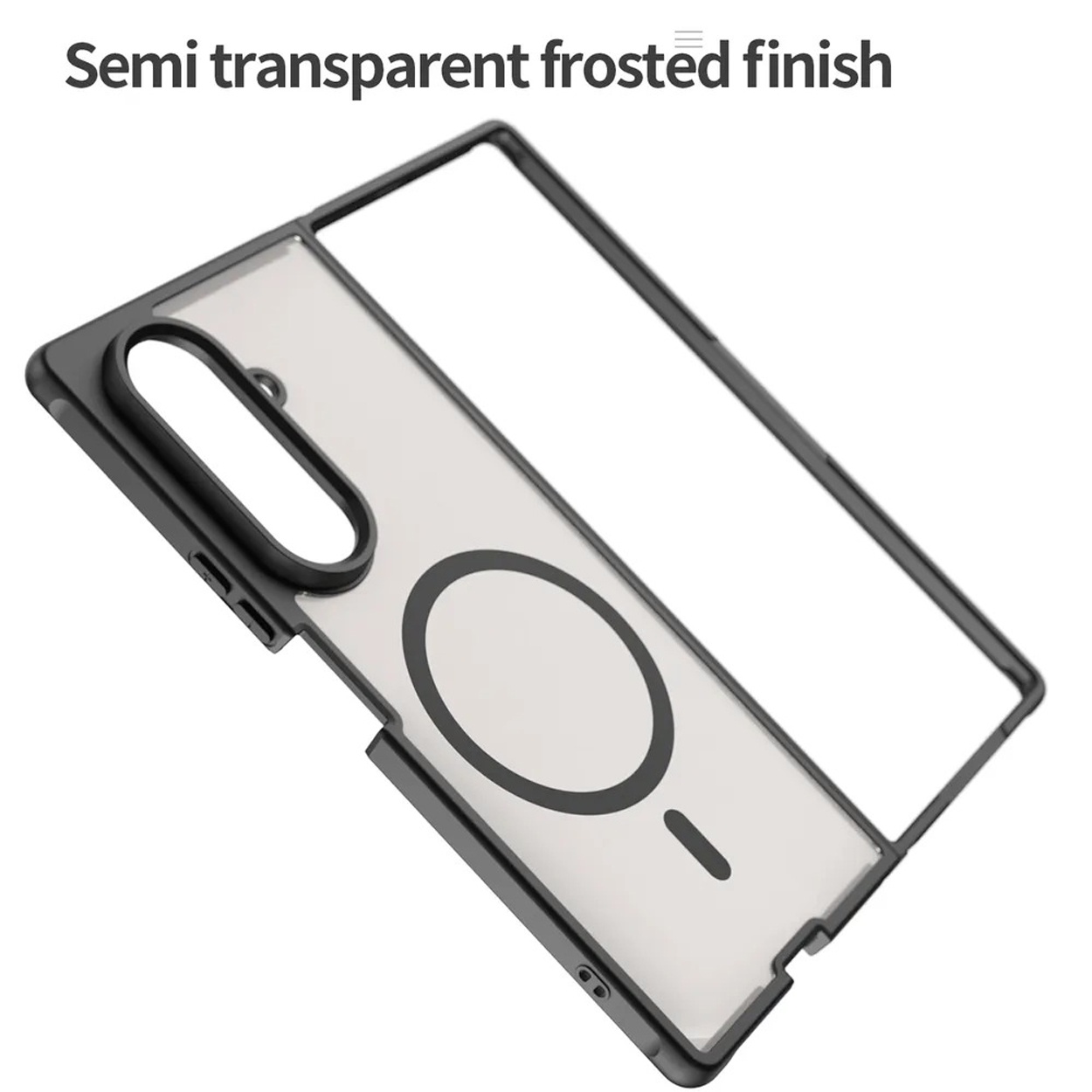Een semi-transparante telefoonhoes met een zwart frame. Beschikt over een cirkelvormig ontwerp op de achterkant. De tekst bovenaan zegt "Semi transparent frosted finish".