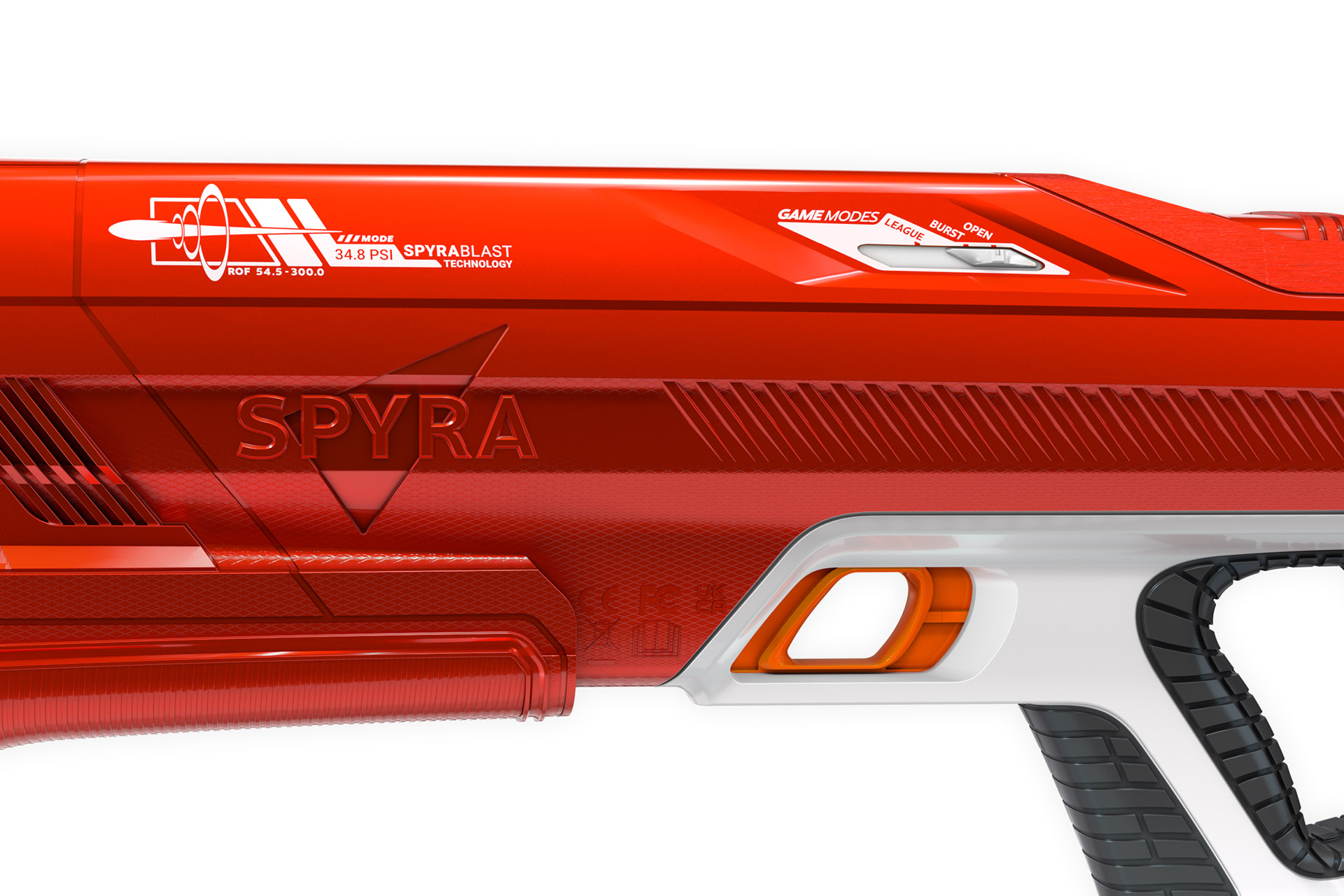 Nahaufnahme einer roten Wasserpistole, zeigt 'SPYRA' Logo und Branding-Details.