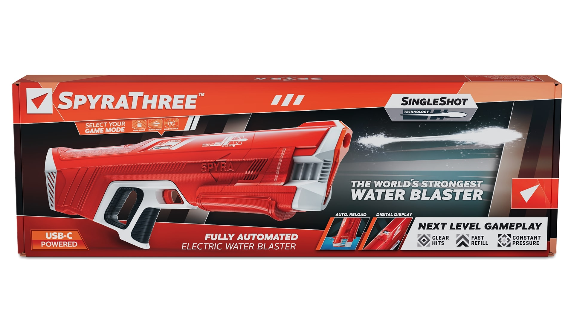 Eine Schachtel für einen elektrischen Wasserblaster. Sie ist rot und weiß mit dem Namen "SPYRA THREE". Sie hat ein Bild des Blasters auf der Schachtel.