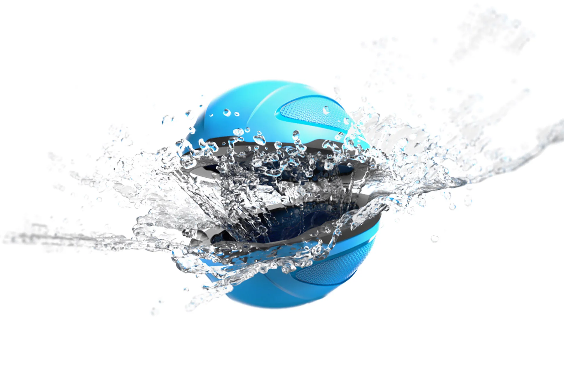 Ein blau-schwarzer Ball mit Wasser, das darum spritzt, auf weißem Hintergrund.