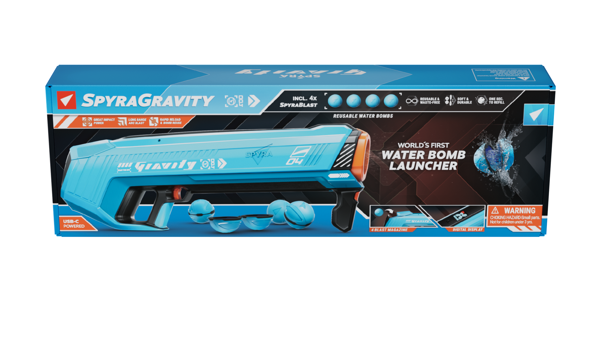 Eine blaue Box mit einer blauen Wasserpistole, Wasserbomben und Branding-Details. Schwarz.