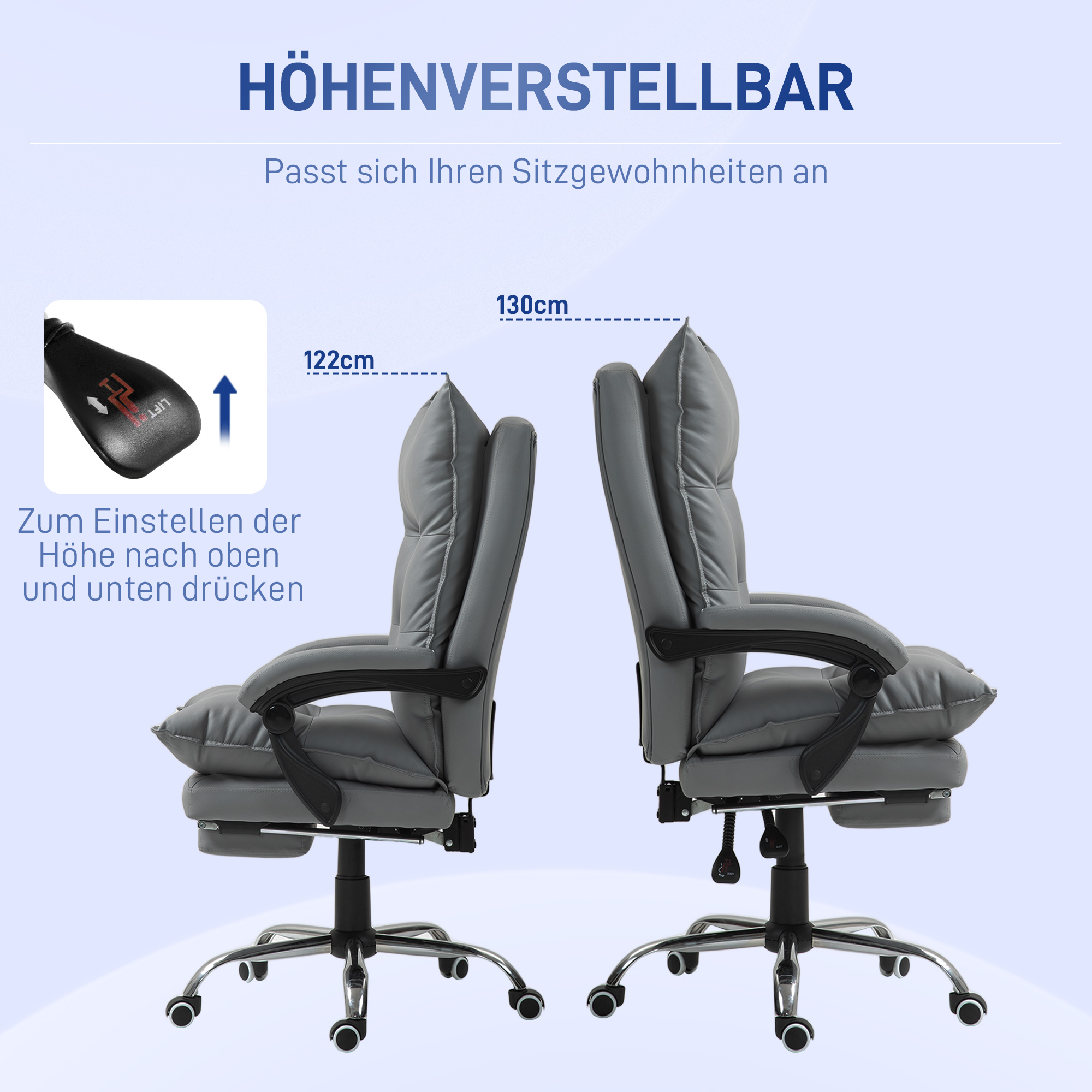 Zwei graue Bürostühle mit Höhenverstellanleitung auf Deutsch.