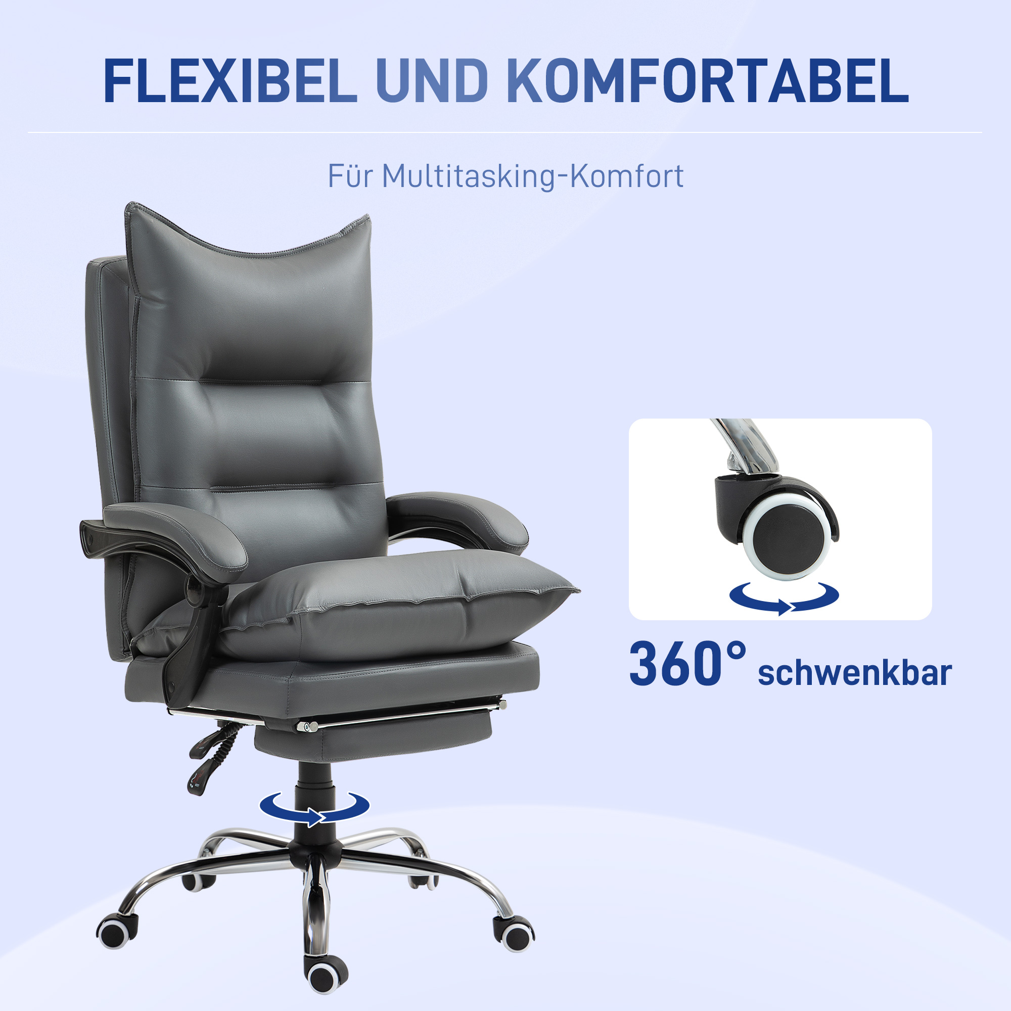 Grauer Bürostuhl mit Fußstütze. Der Stuhl hat ein 360-Grad-Drehgestell und ist als flexibel und komfortabel gekennzeichnet.
