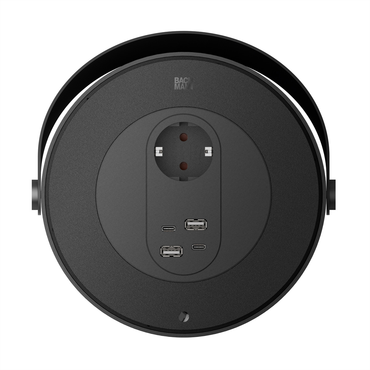 Draufsicht auf eine schwarze Bachmann Steckdosenleiste mit Griff, Steckdose und USB-Anschlüssen.