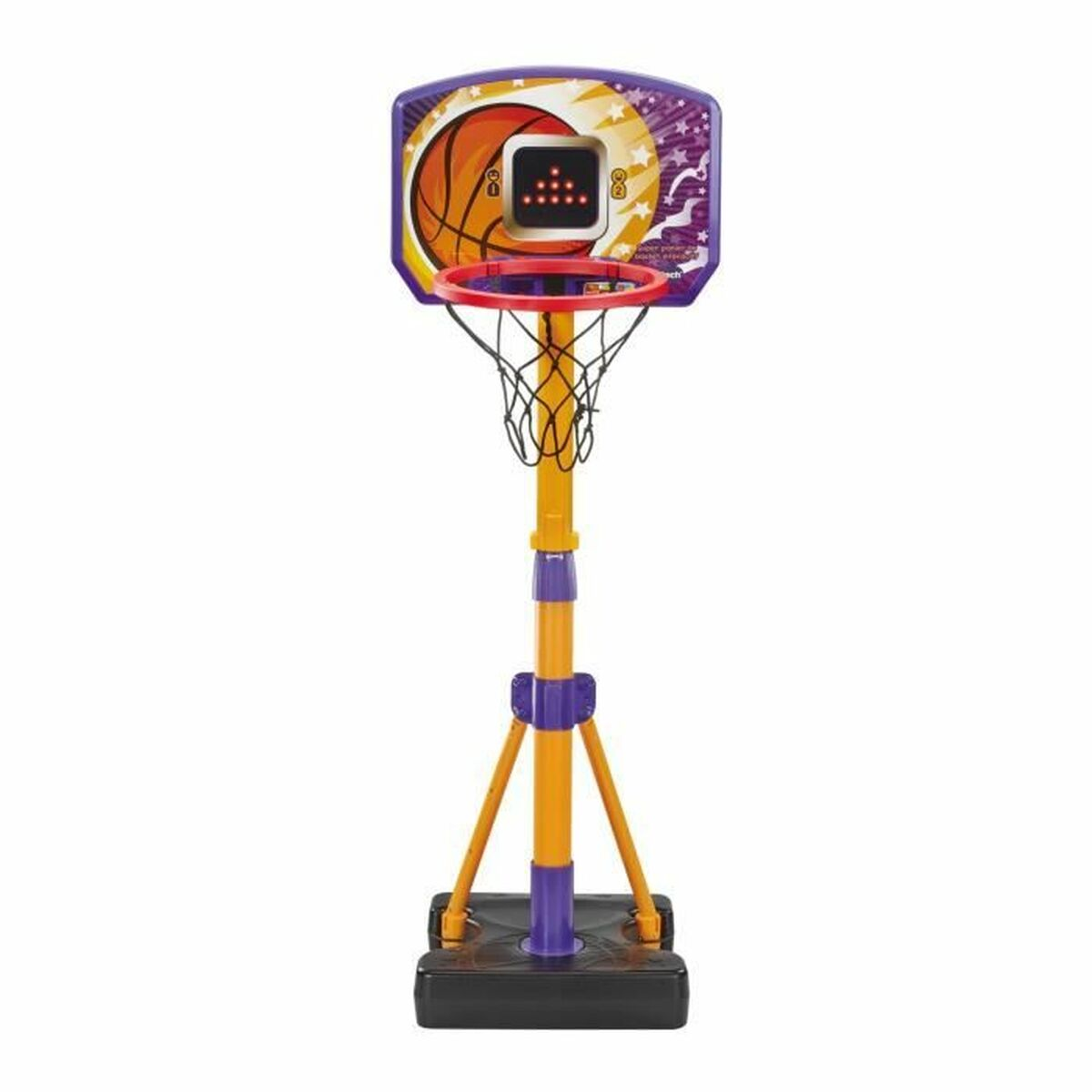 Un giocattolo di canestro da basket con un design viola e arancione. È su uno sfondo bianco.