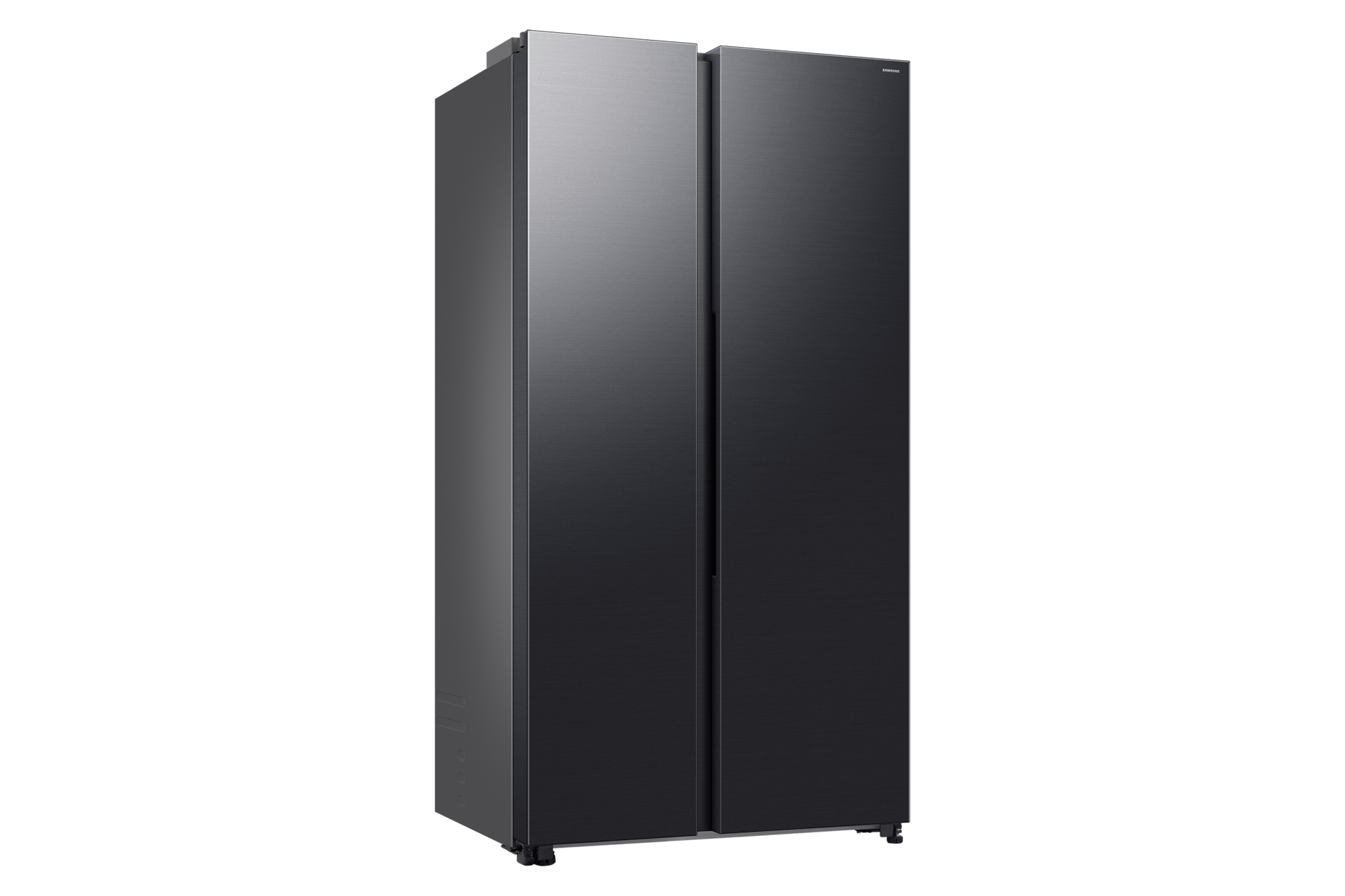 Lodówka side-by-side o eleganckim czarnym wykończeniu stoi na tle ciemnego tła.