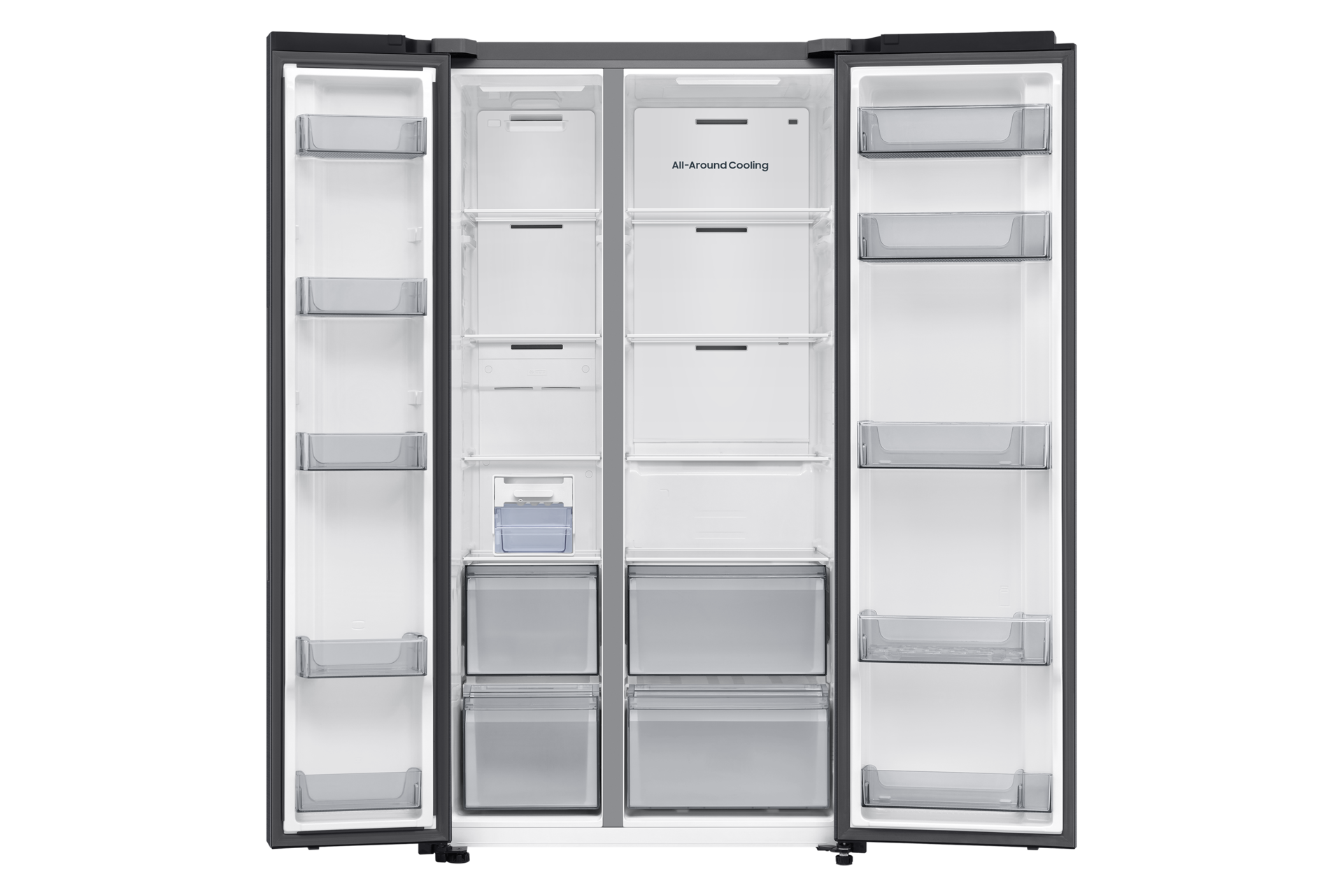 Lodówka side-by-side z otwartymi drzwiami, ukazująca puste półki i szuflady.