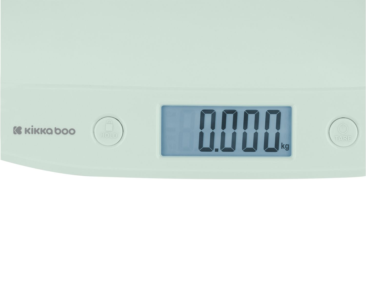 Primer plano de la pantalla de una báscula para bebés que muestra 0.000 kg. La báscula es verde claro.