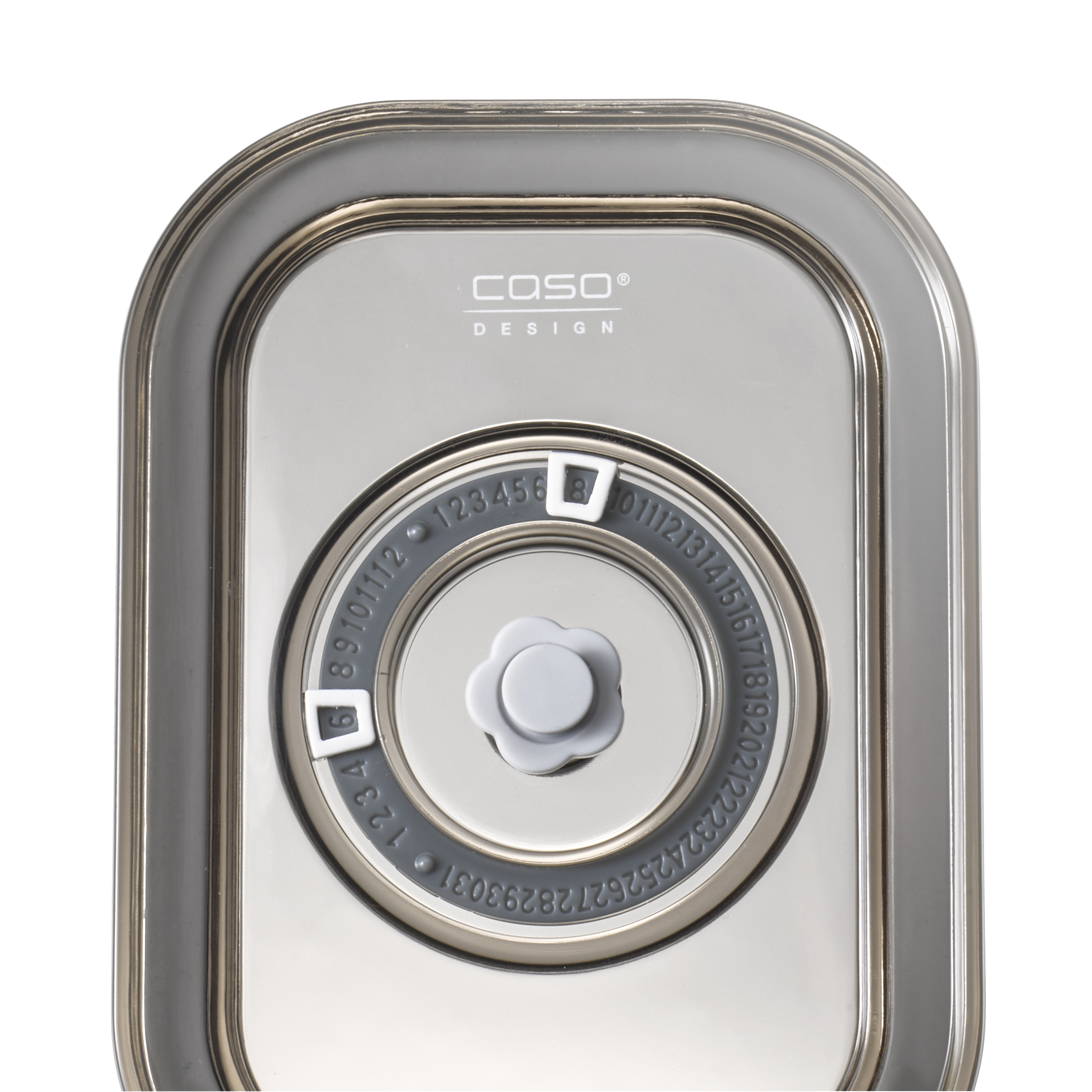 Nahaufnahme eines silbernen Behälterdeckels mit Drehknopf und Knopf.