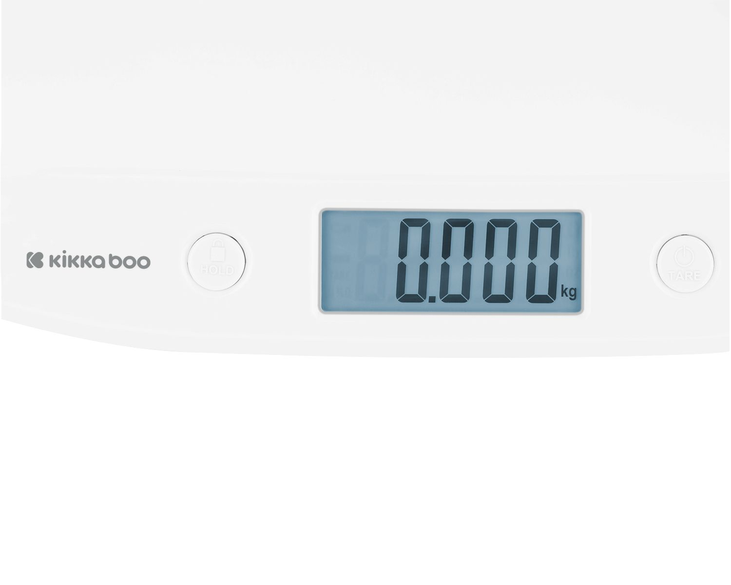 Eine weiße Babywaage mit digitaler Anzeige, die '0.000 kg' anzeigt.