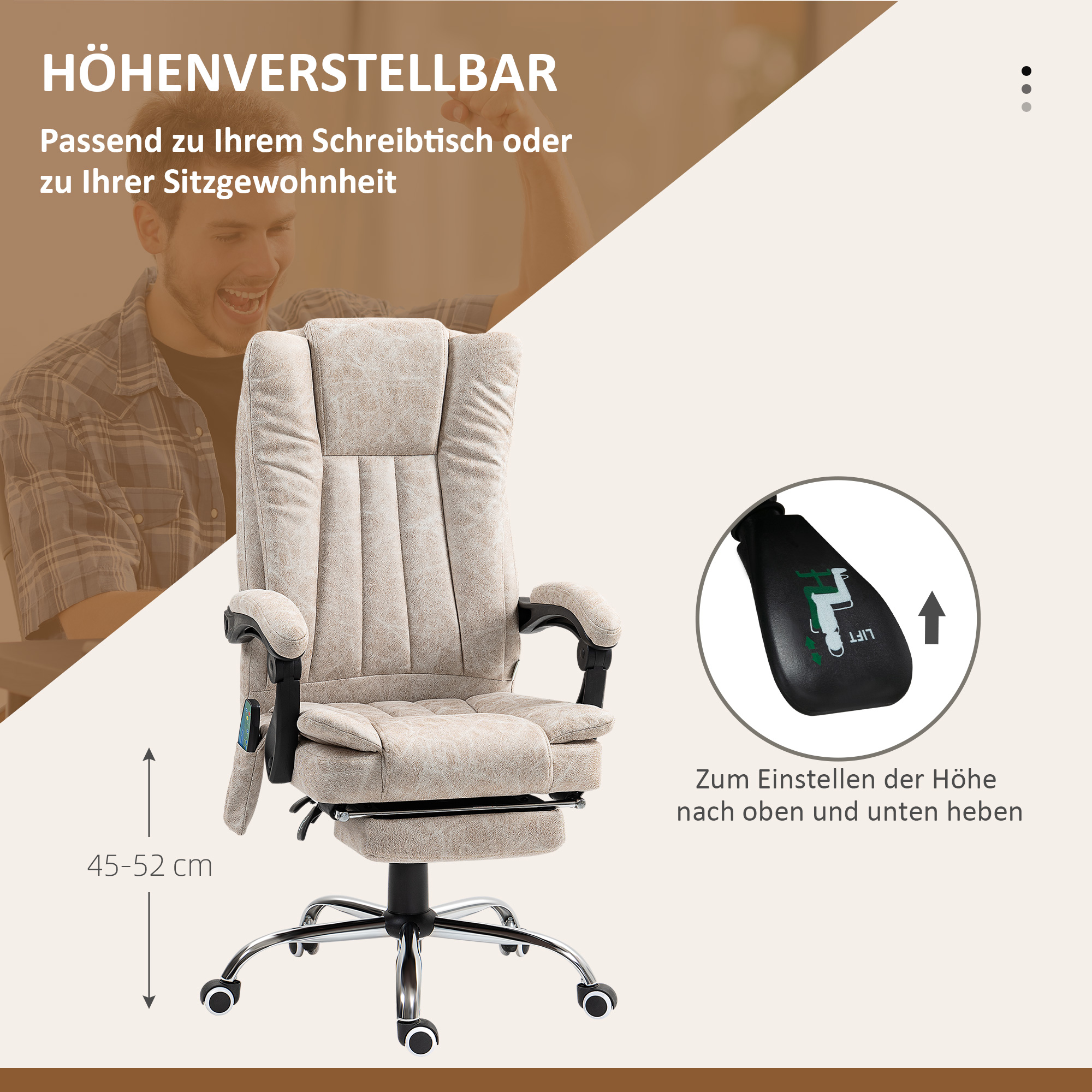 Ein Mann demonstriert die Höhenverstellung an einem beigen Chefsessel.
