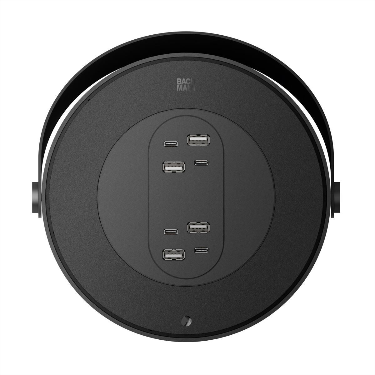 Een zwart oplaadstation met meerdere USB-poorten. Het oplaadstation heeft een cirkelvorm en een handvat.