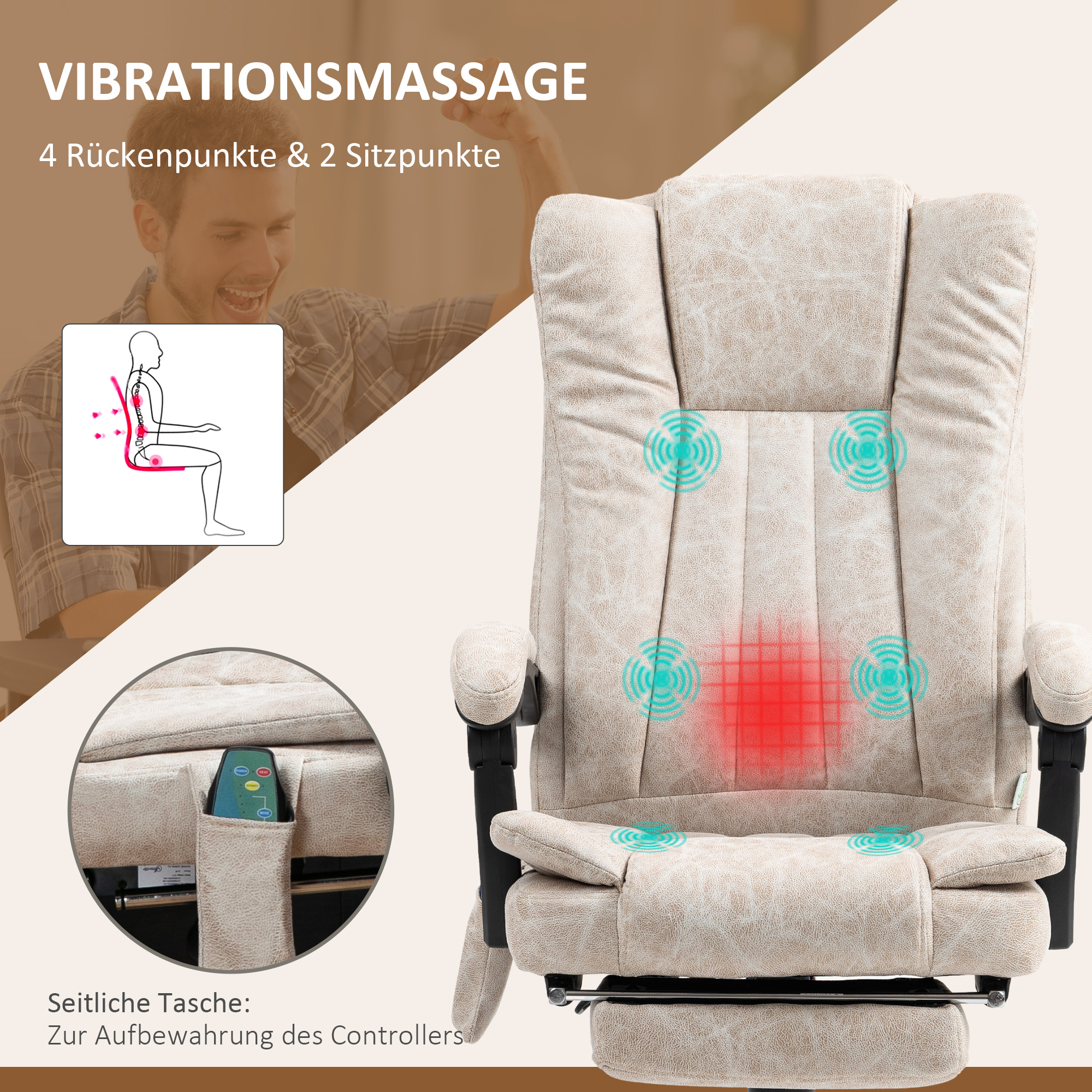 Beiger Massagesessel mit einem lächelnden Mann im Hintergrund. Stuhl hat Rücken- und Sitzmassagepunkte und eine Fernbedienung.
