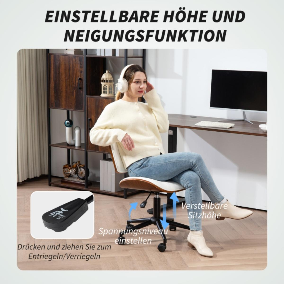 Eine Frau benutzt einen weiß-braunen Stuhl und zeigt die Höhenverstellfunktion.