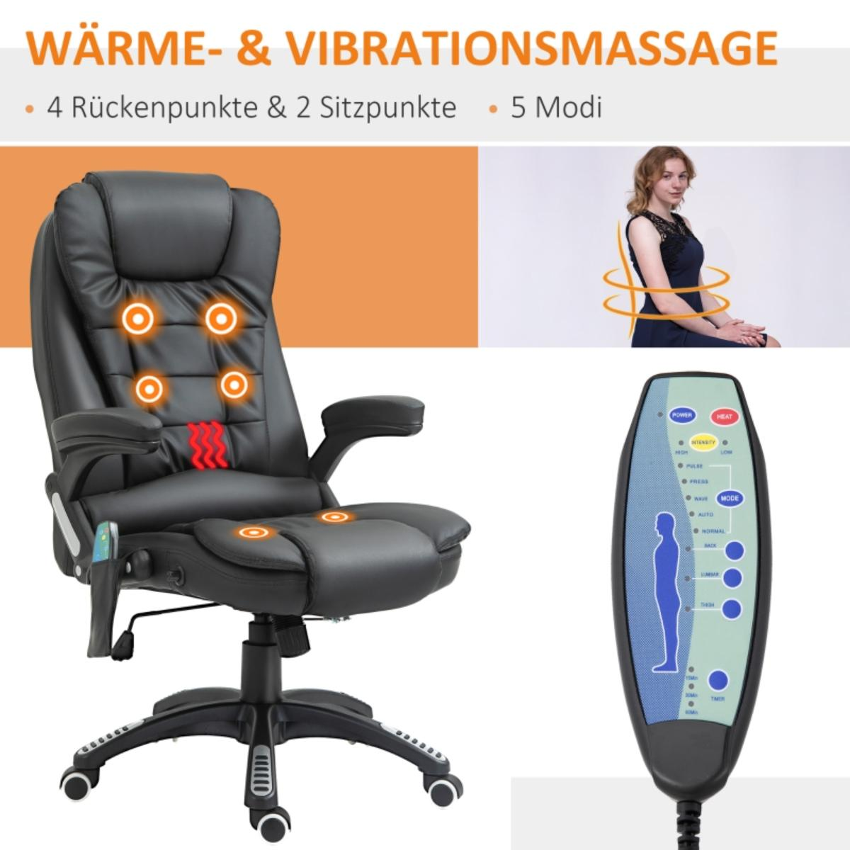 Schwarzer Massagestuhl mit Anzeige für Wärme- und Massagepunkte, mit Bedienfeld.