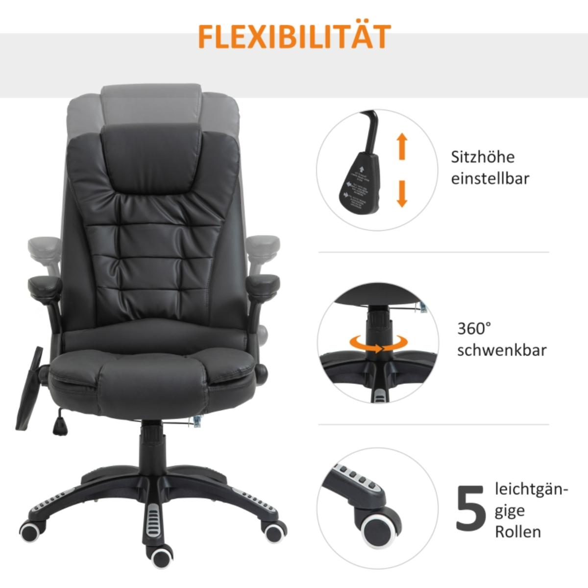 Schwarzer Bürostuhl, der Flexibilitätsmerkmale zeigt, einschließlich höhenverstellbar und drehbar.