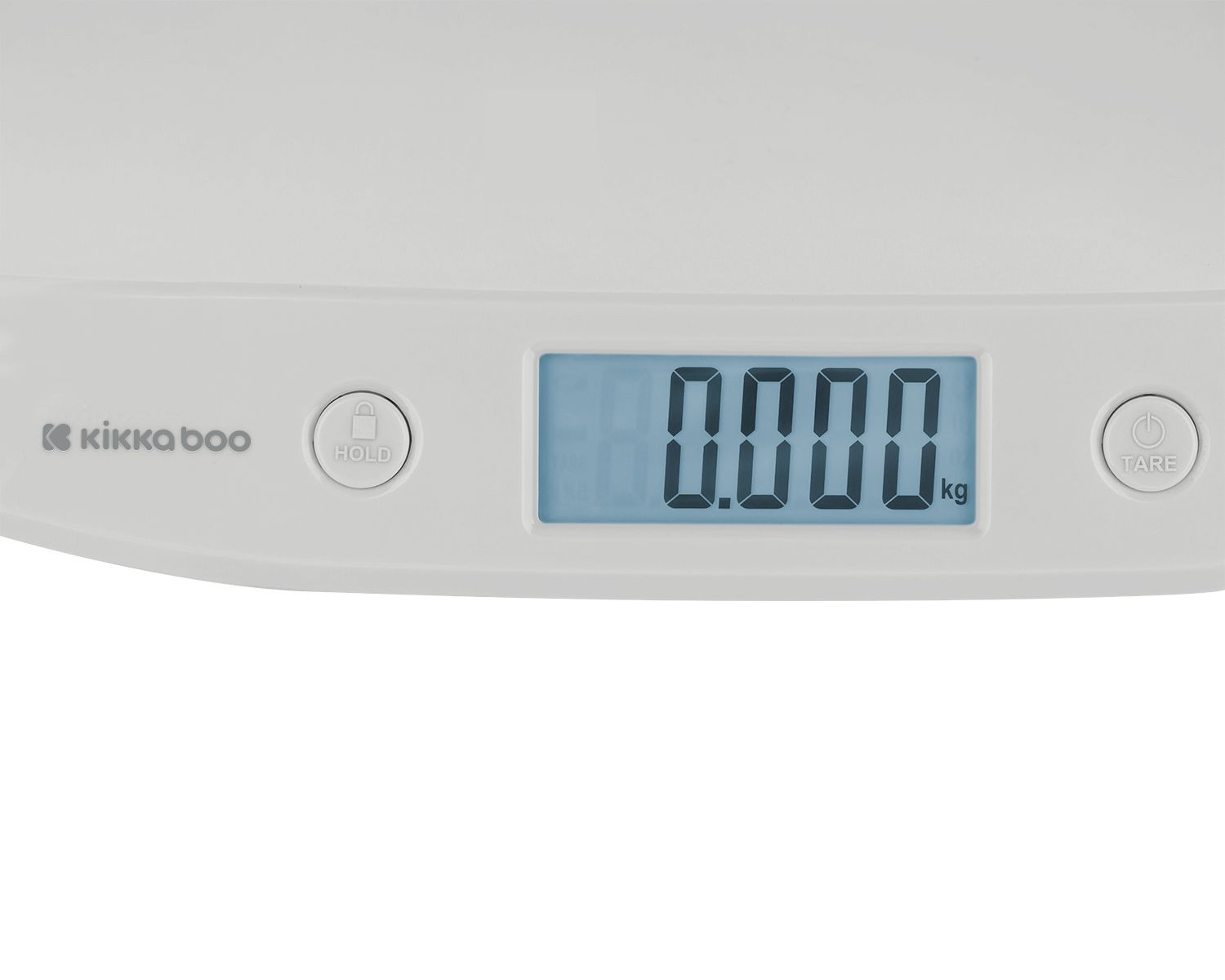 Nahaufnahme einer Babywaage mit digitaler Anzeige '0.000' und zwei Knöpfen.