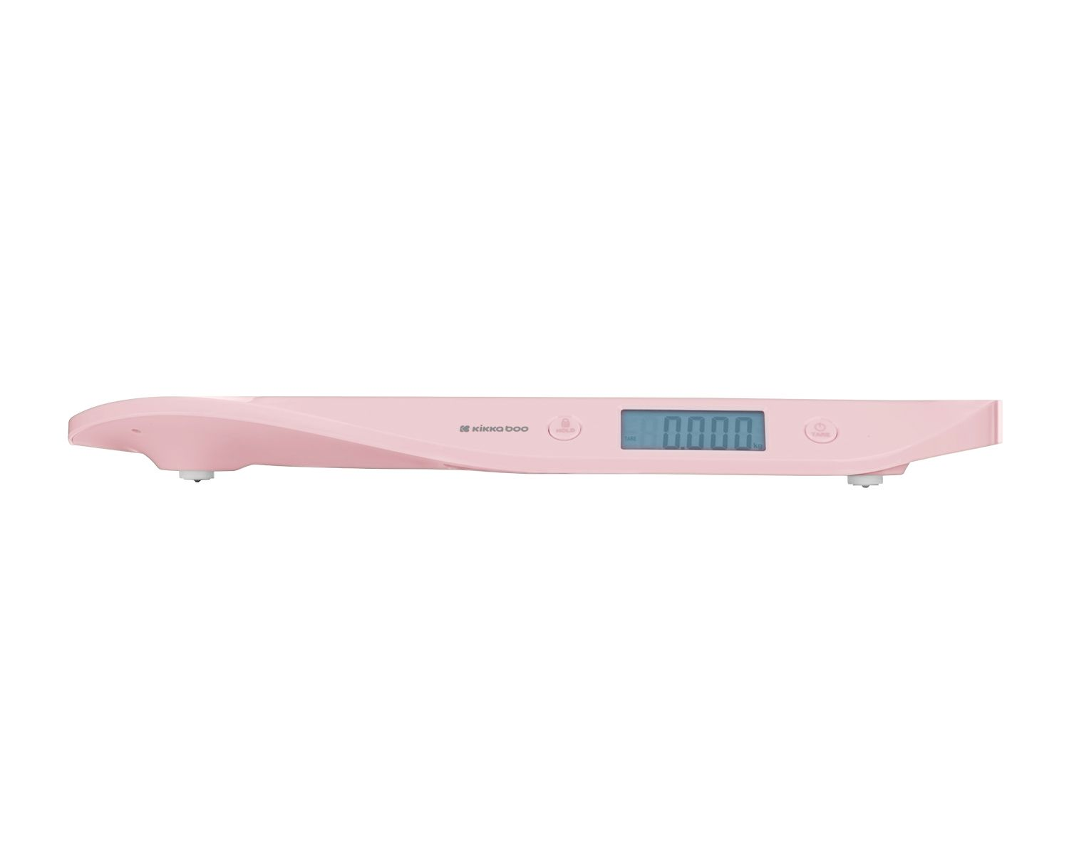 Rosa Babywaage mit Digitalanzeige. Auf der Waage steht der Markenname KIKKO DOO.