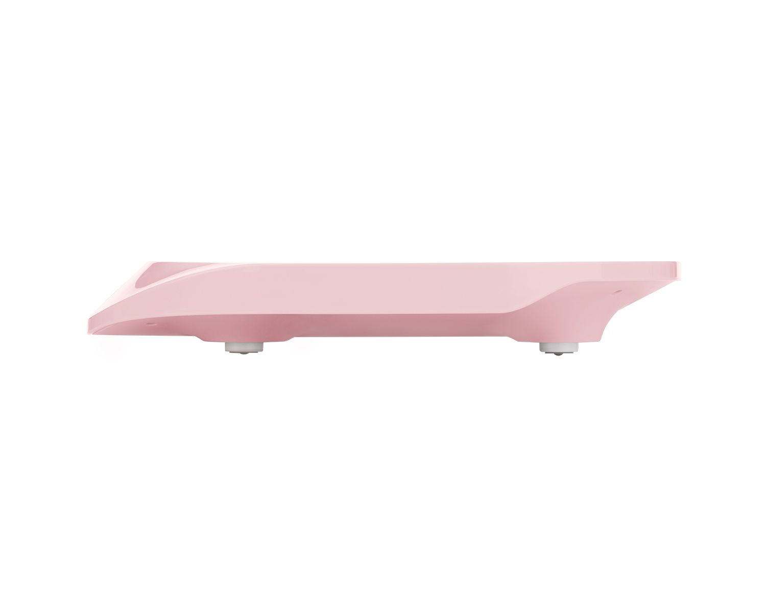Seitenansicht einer rosa Babywaage mit zwei Beinen. Die Waage ist gebogen.