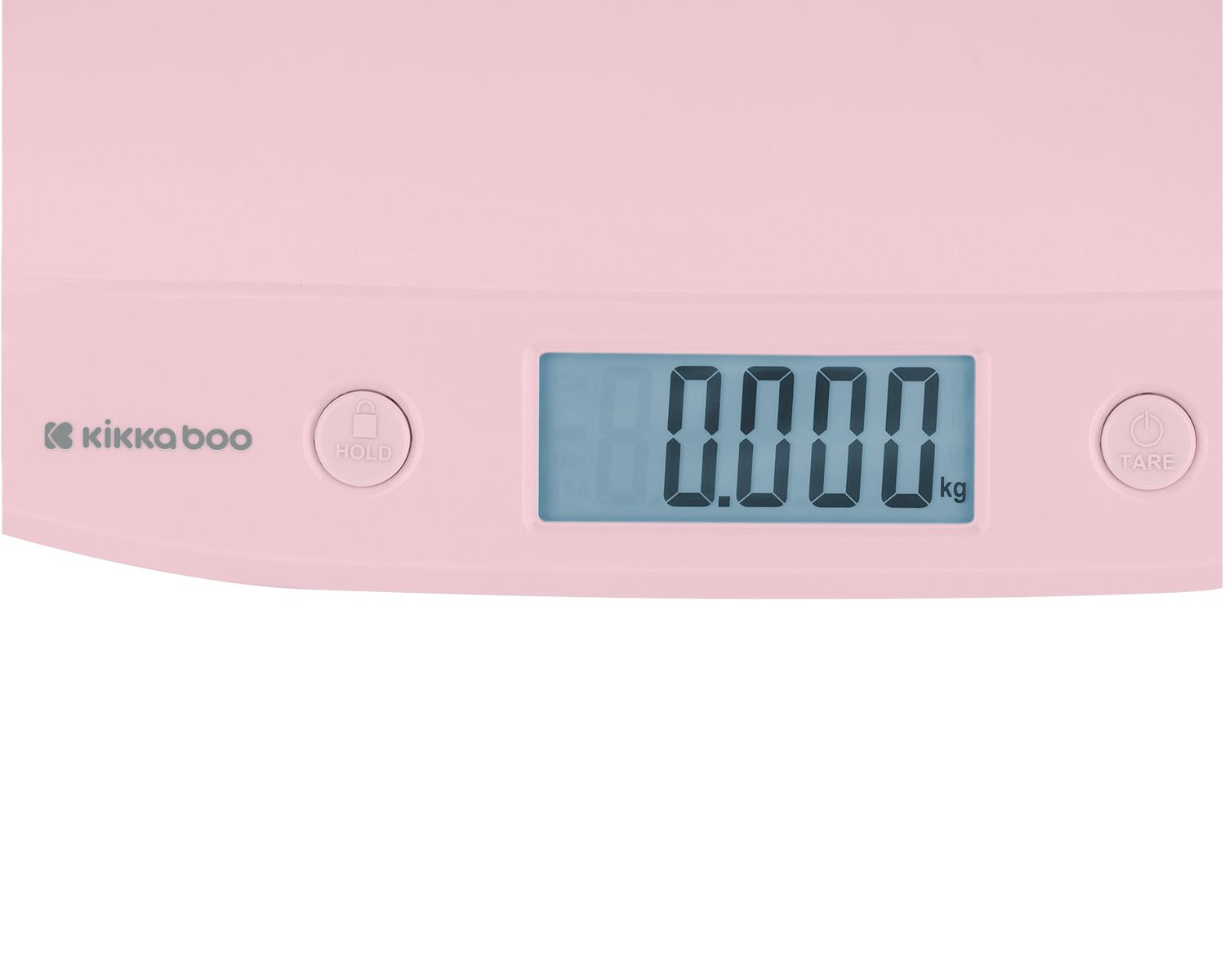 Nahaufnahme des Displays einer rosa Babywaage, das '0.000' und zwei Knöpfe zeigt.