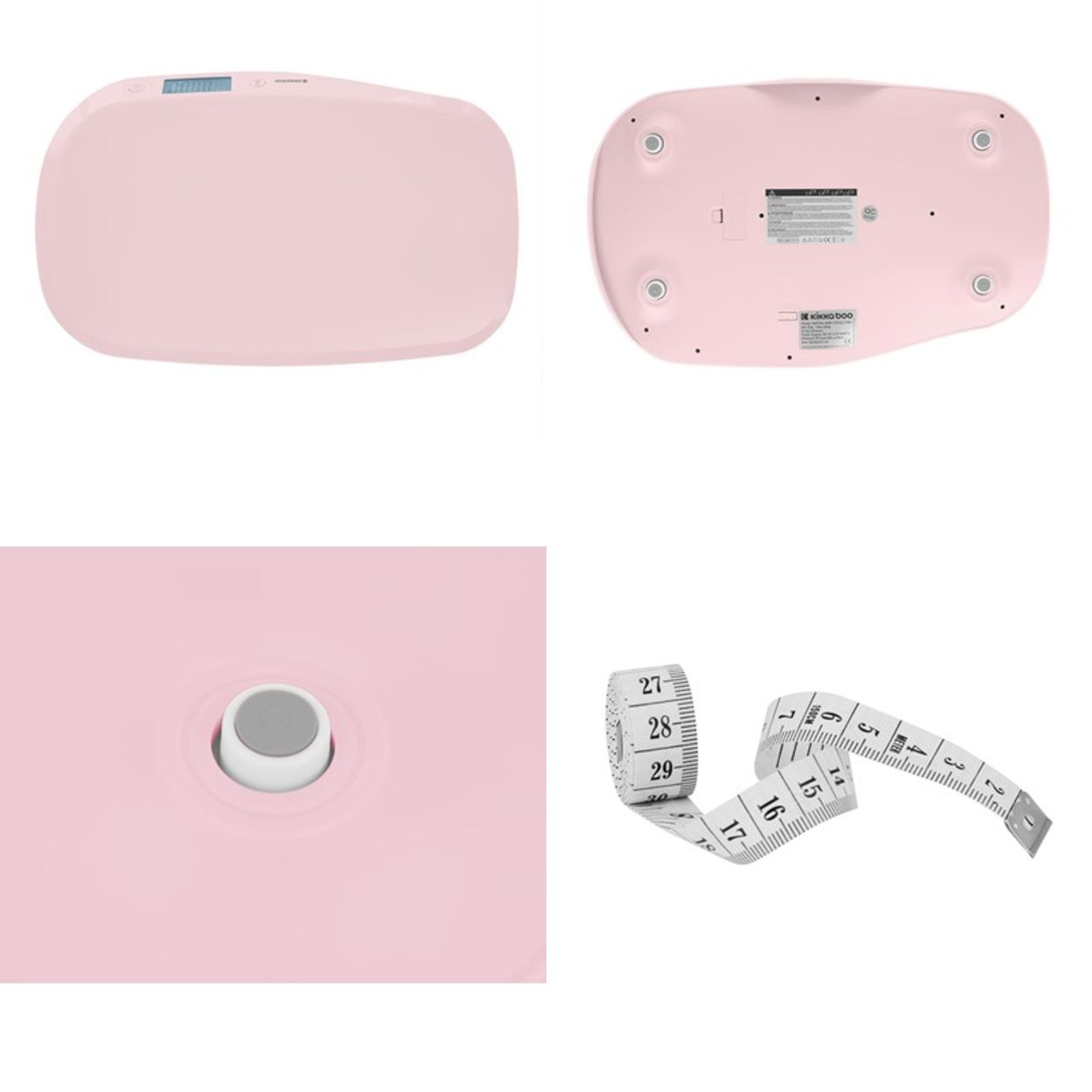 Vier Bilder einer rosa Babywaage mit Zubehör, einschließlich eines Maßbands. Die Waage ist digital.
