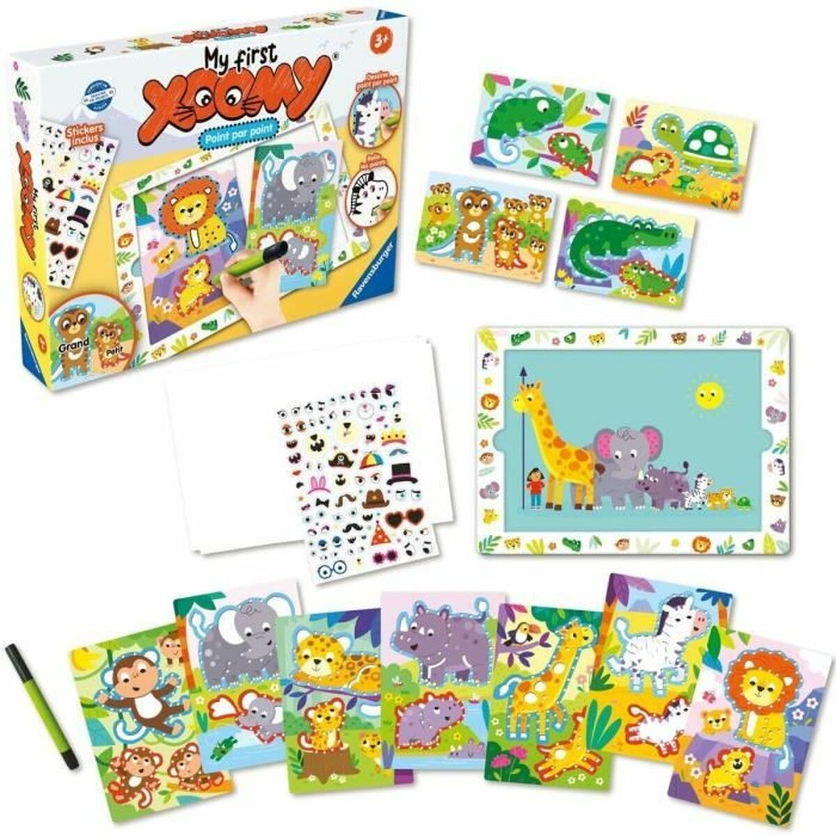 Ein Spielzeugset mit Tierbildern, Aufklebern und einem Stift, mit einer Schachtel, die das Set zeigt, und einem Kind, das zeichnet.