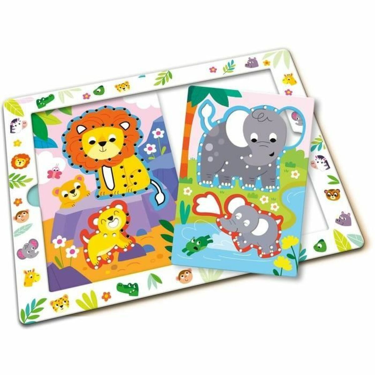 Zwei Tierpuzzles mit einem Löwen und einem Elefanten. Der Rahmen ist weiß und hat Tierillustrationen.