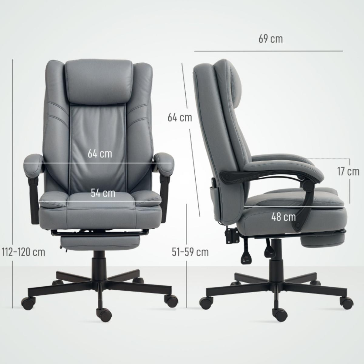 Ein grauer ergonomischer Bürostuhl mit Maßen. Der Stuhl hat eine Fußstütze und eine hohe Rückenlehne.
