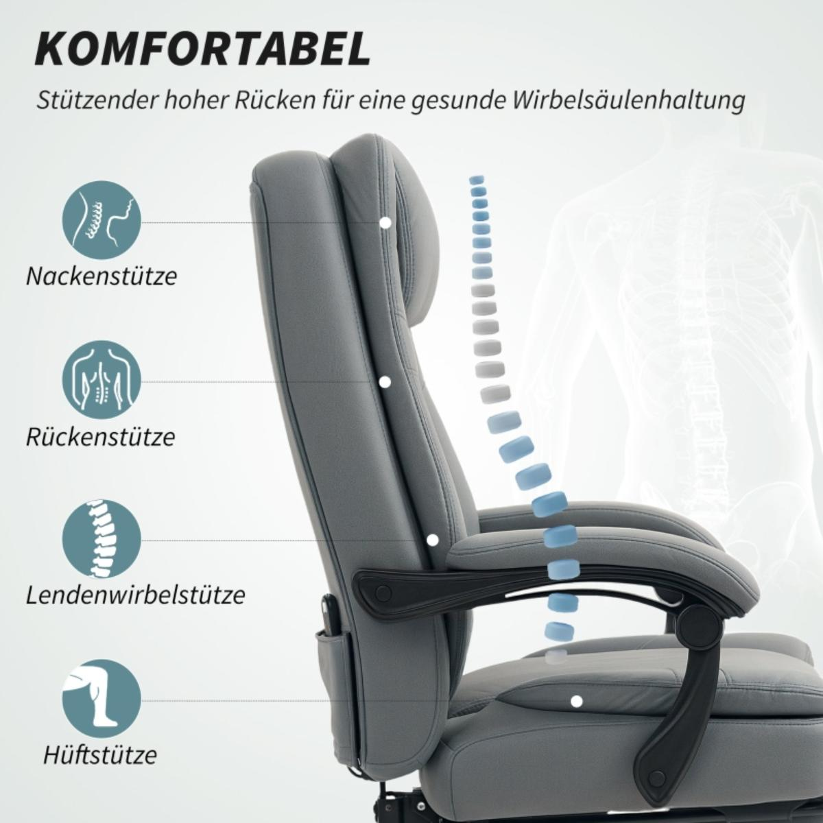 Diagramm eines grauen Stuhls, das die Unterstützung für Nacken, Rücken, Lendenwirbel und Hüfte zeigt.