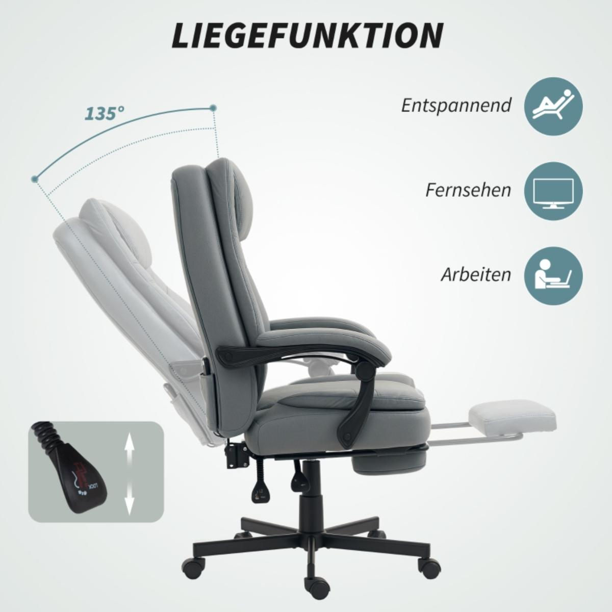 Ein grauer Bürostuhl zurückgelehnt. Er hat eine Fußstütze und zeigt verschiedene Liegepositionen, einschließlich Arbeit.