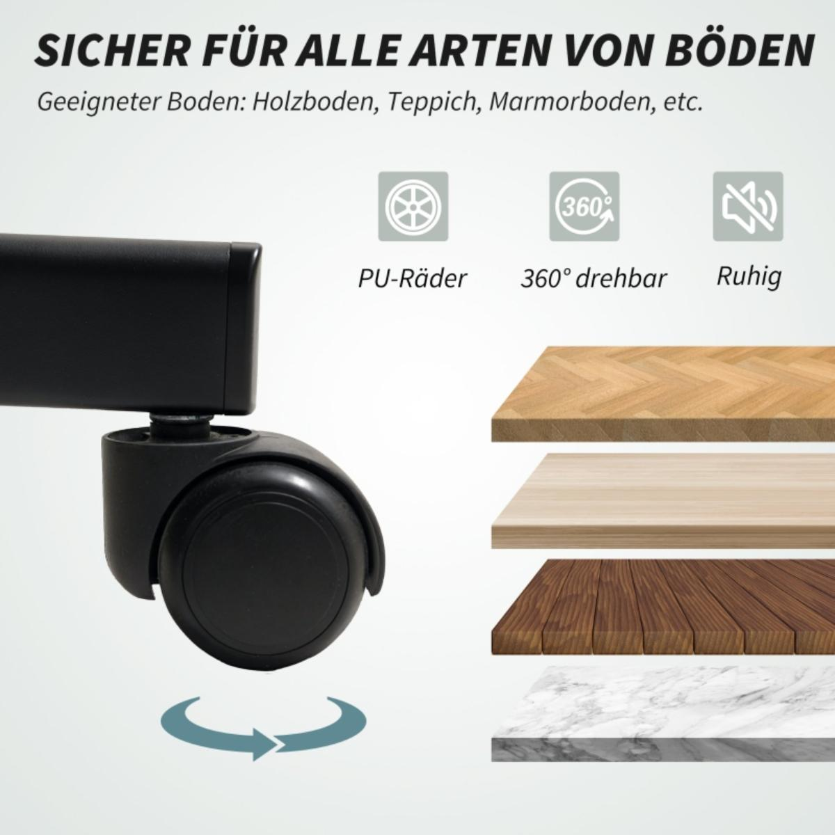Nahaufnahme eines Stuhlrads auf verschiedenen Bodenbelägen: Holz, Teppich, Marmor.