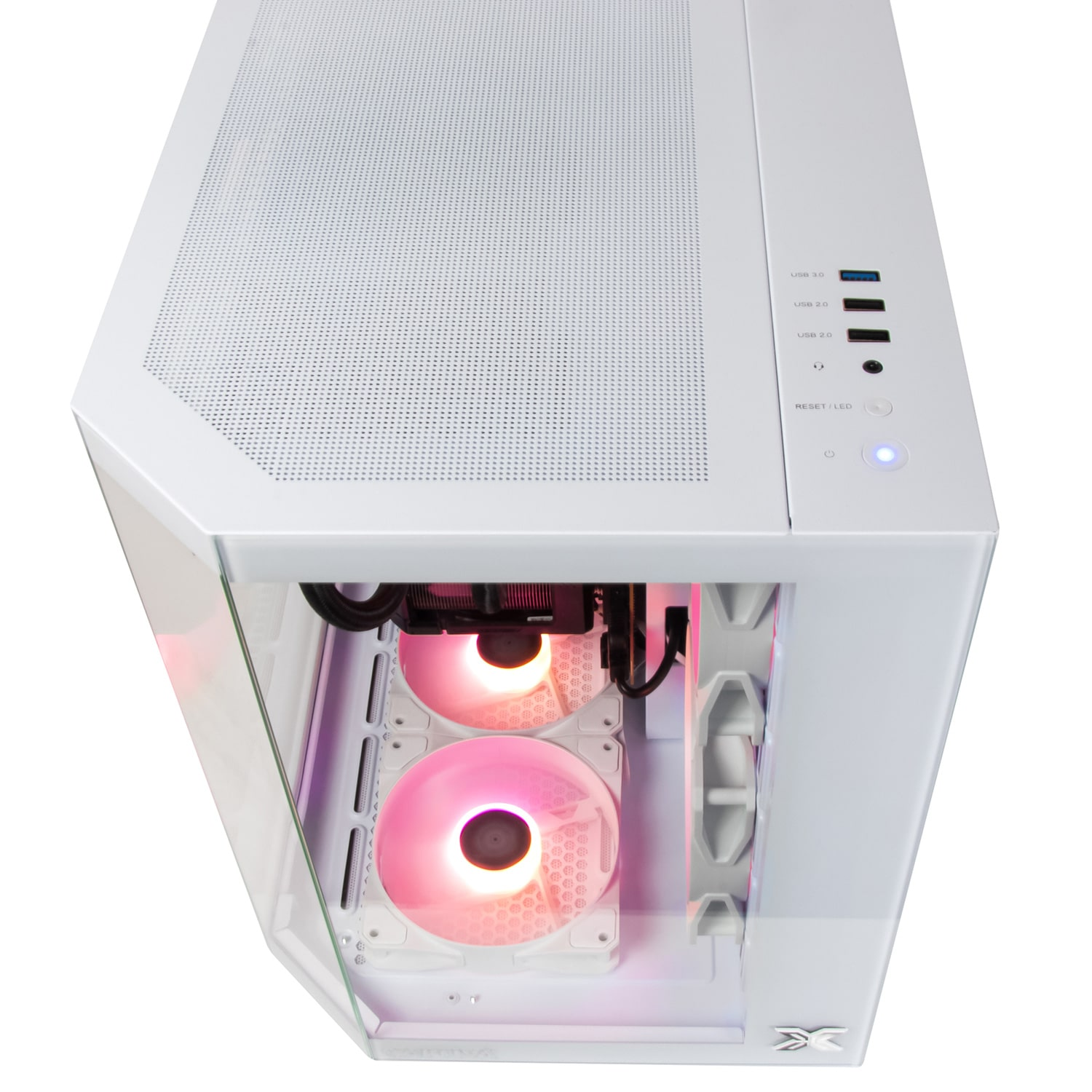 White computer case with a glass side panel, showing internal components and fans.